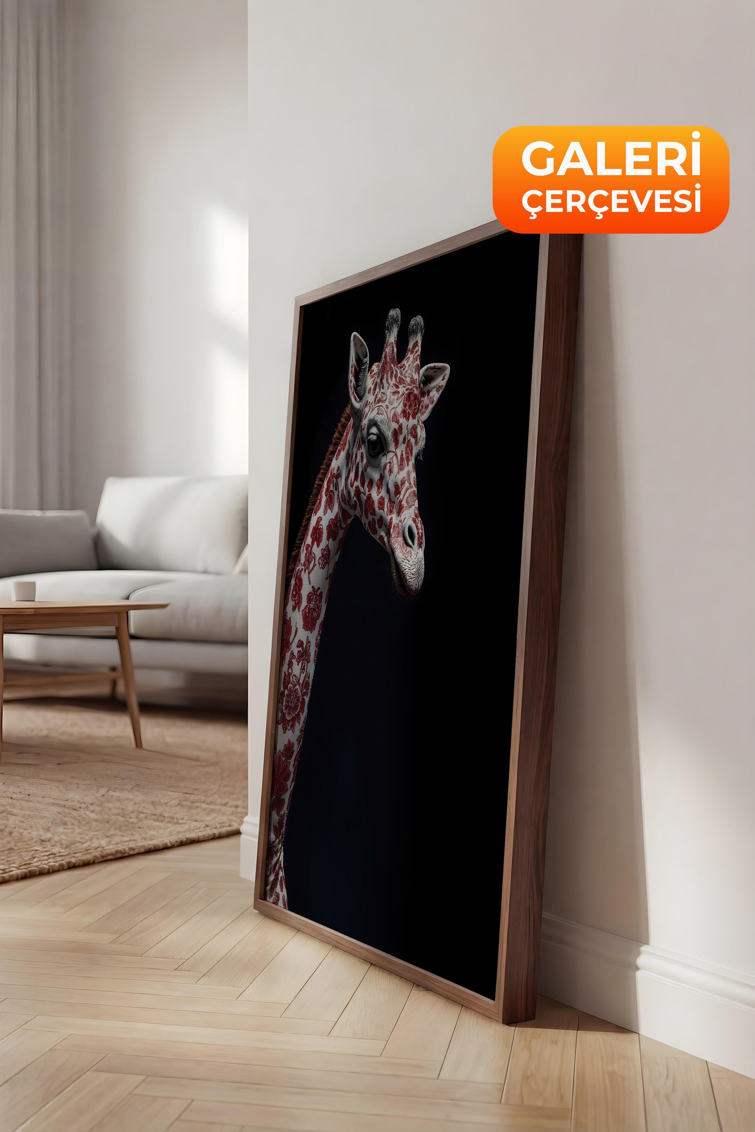 Duvar Tablosu, Lüks Kahverengi Çerçeveli Kanvas Tablo, Ritüel Serisi, Zürafa Tablo, NO:115260