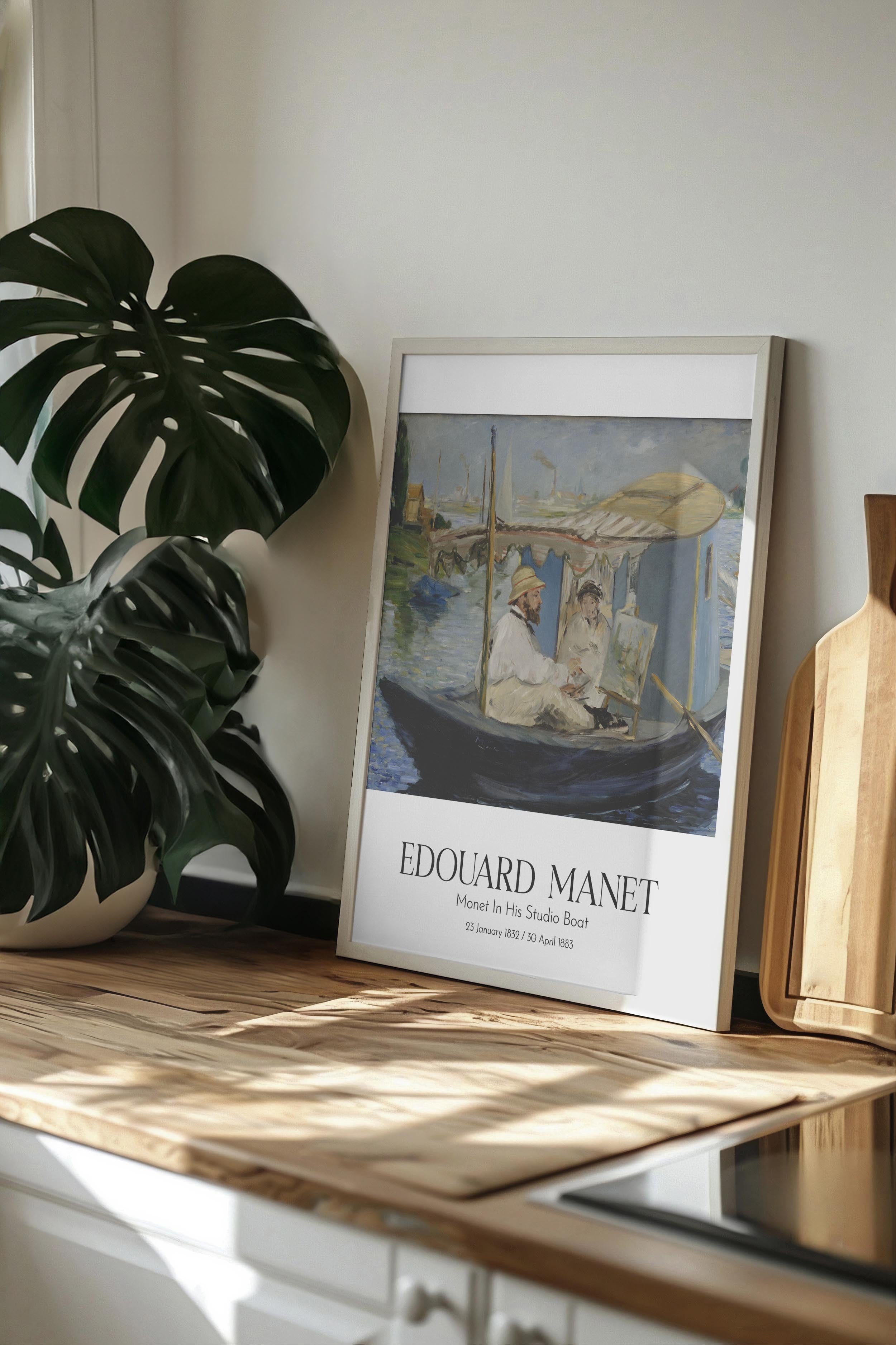 Edouard Manet - Monet In His Studio Boat, Beyaz Çerçeveli Tablo, Sanat Serisi NO:111679