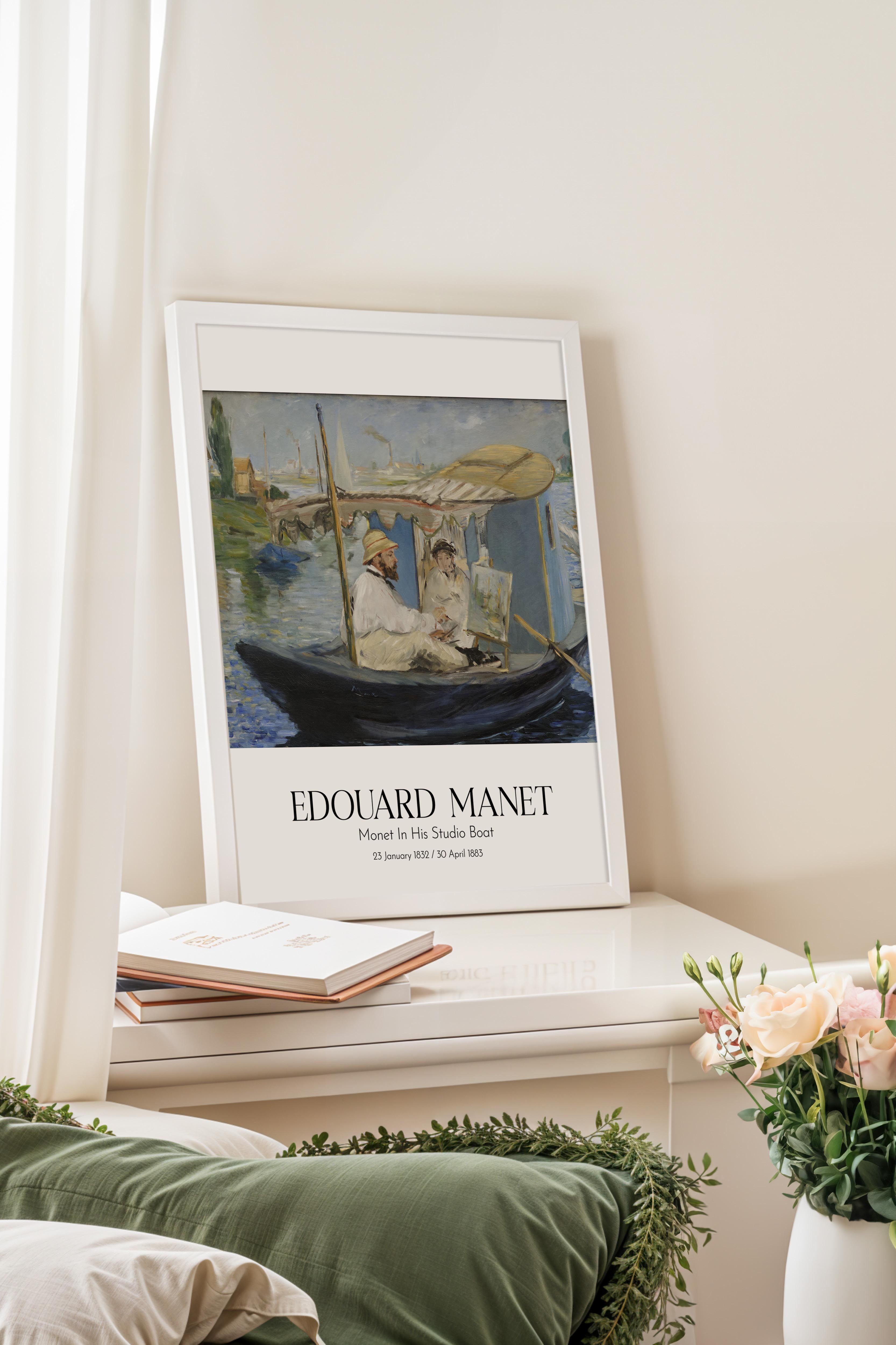 Edouard Manet - Monet In His Studio Boat, Beyaz Çerçeveli Tablo, Sanat Serisi NO:111679