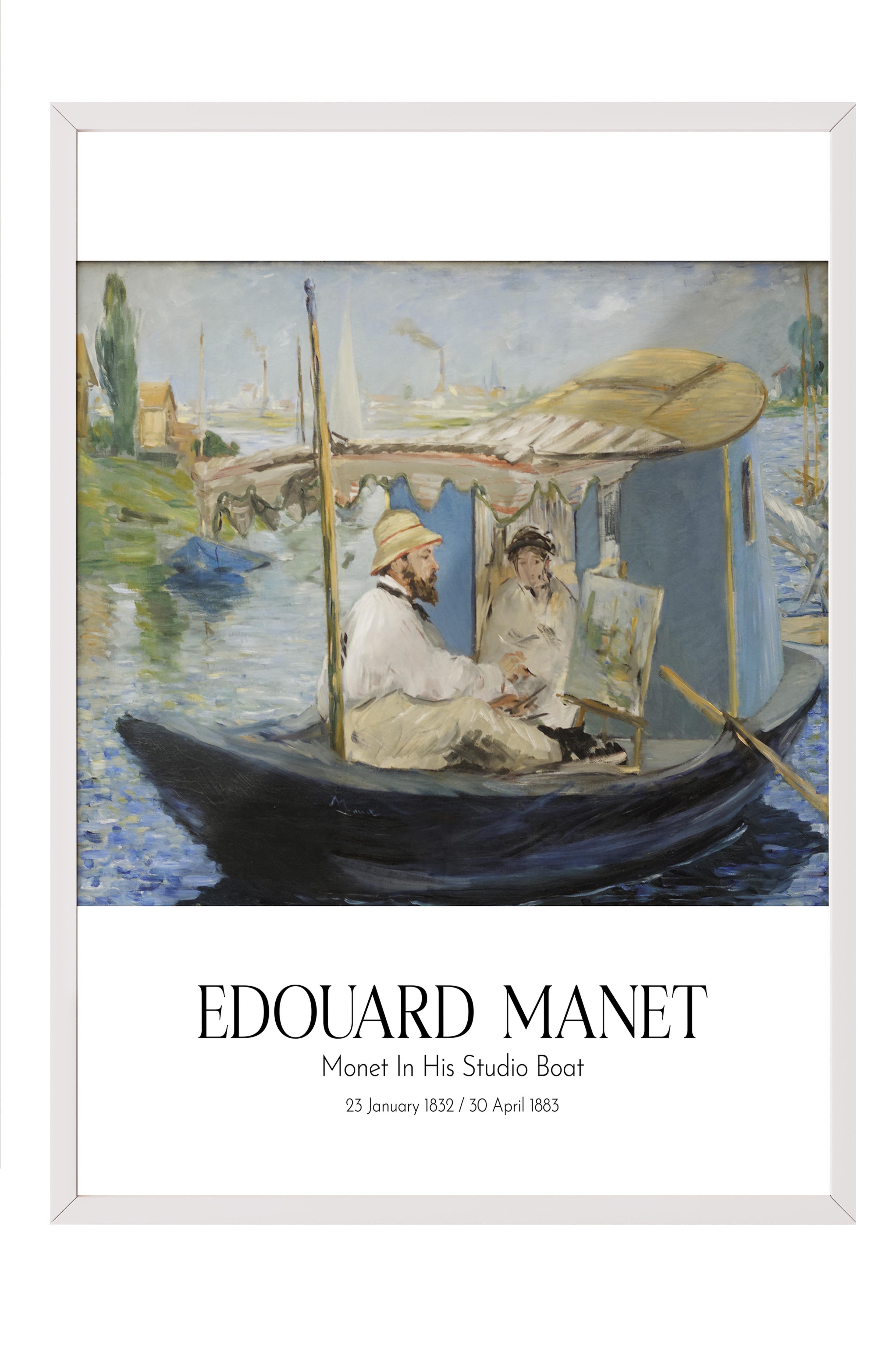 Edouard Manet - Monet In His Studio Boat, Beyaz Çerçeveli Tablo, Sanat Serisi NO:111679