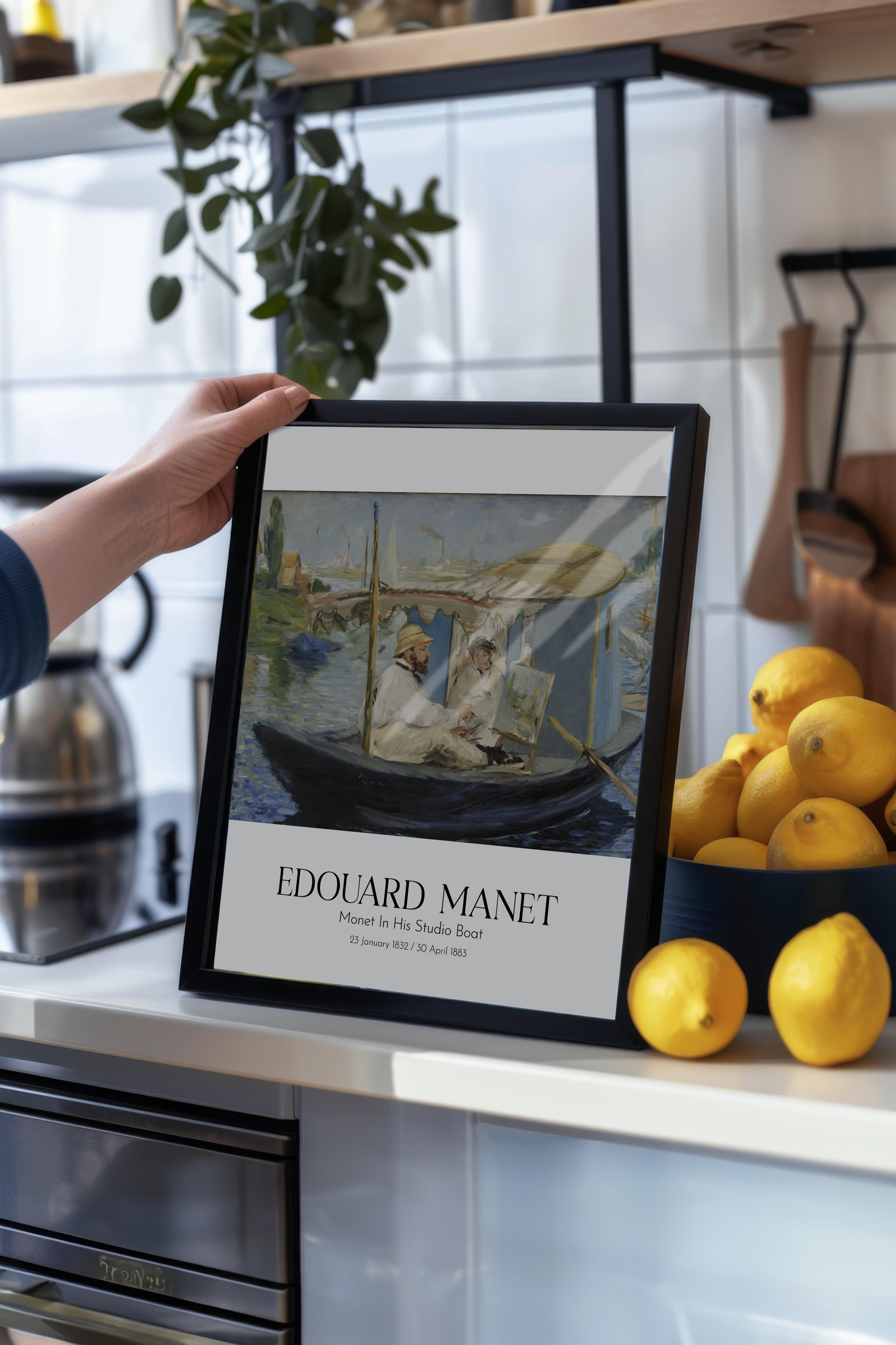Edouard Manet - Monet In His Studio Boat, Siyah Çerçeveli Tablo, Sanat Serisi NO:111679