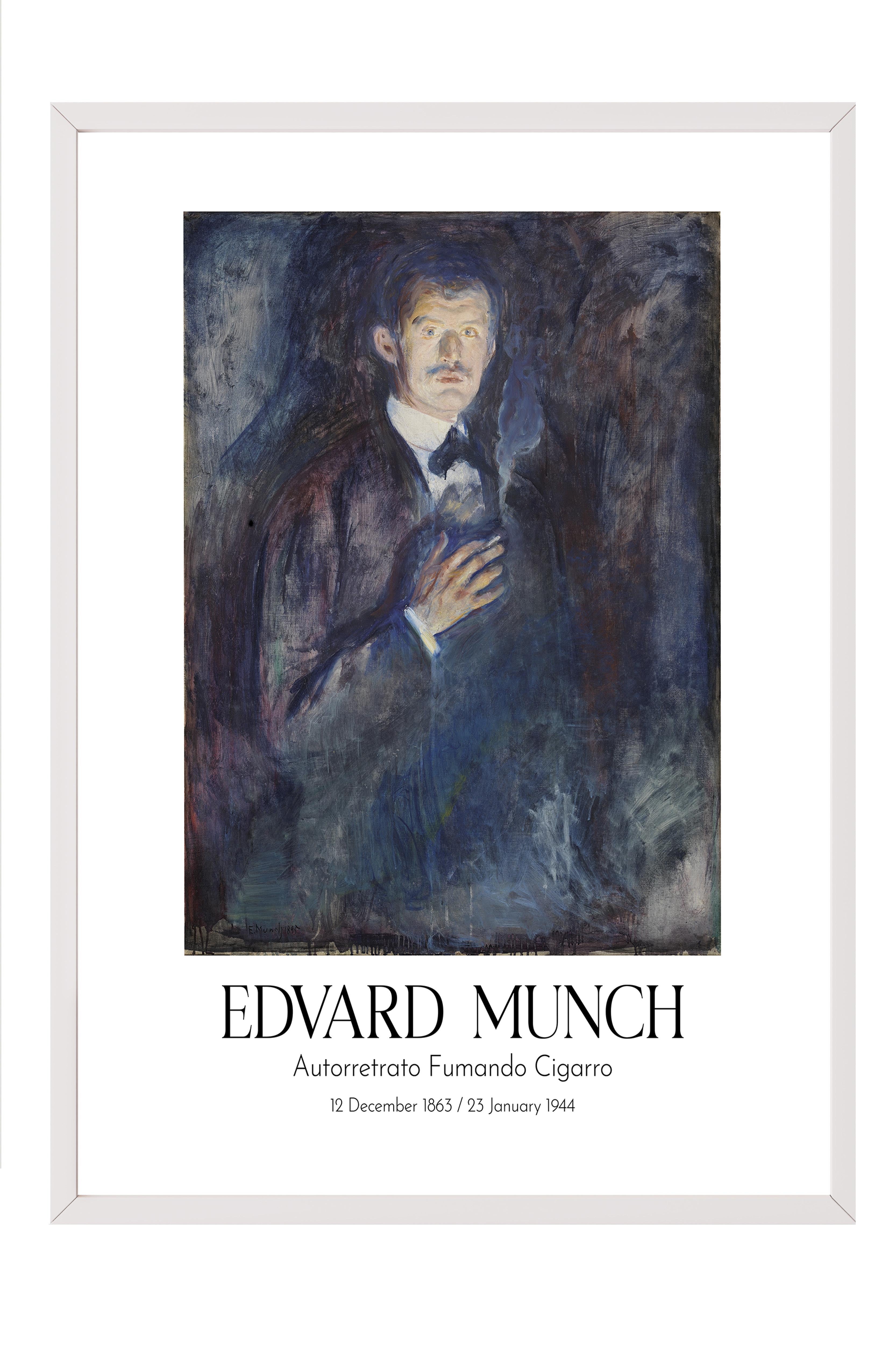 Edvard Munch - Autorretrato Fumando Cigarro, Beyaz Çerçeveli Tablo, Sanat Serisi NO:111707