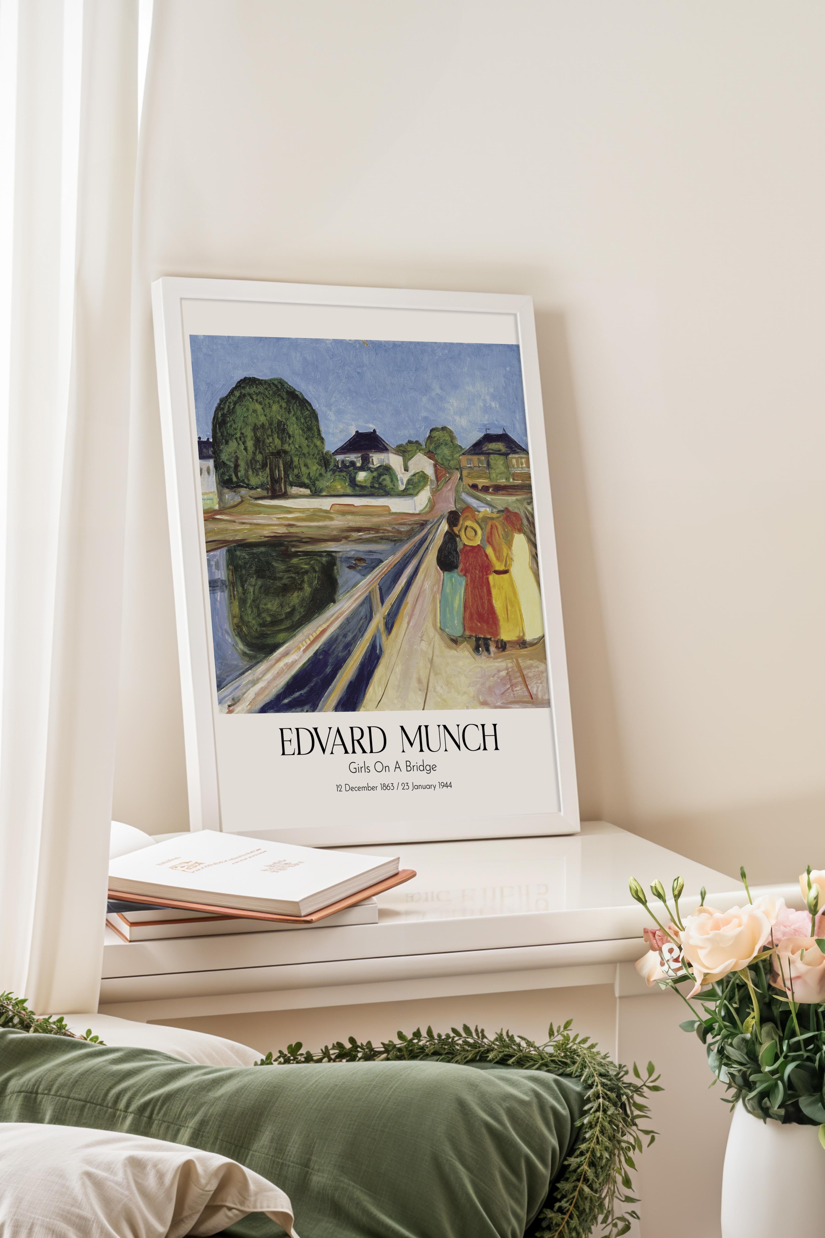 Edvard Munch - Girls On A Bridge, Beyaz Çerçeveli Tablo, Sanat Serisi NO:111712