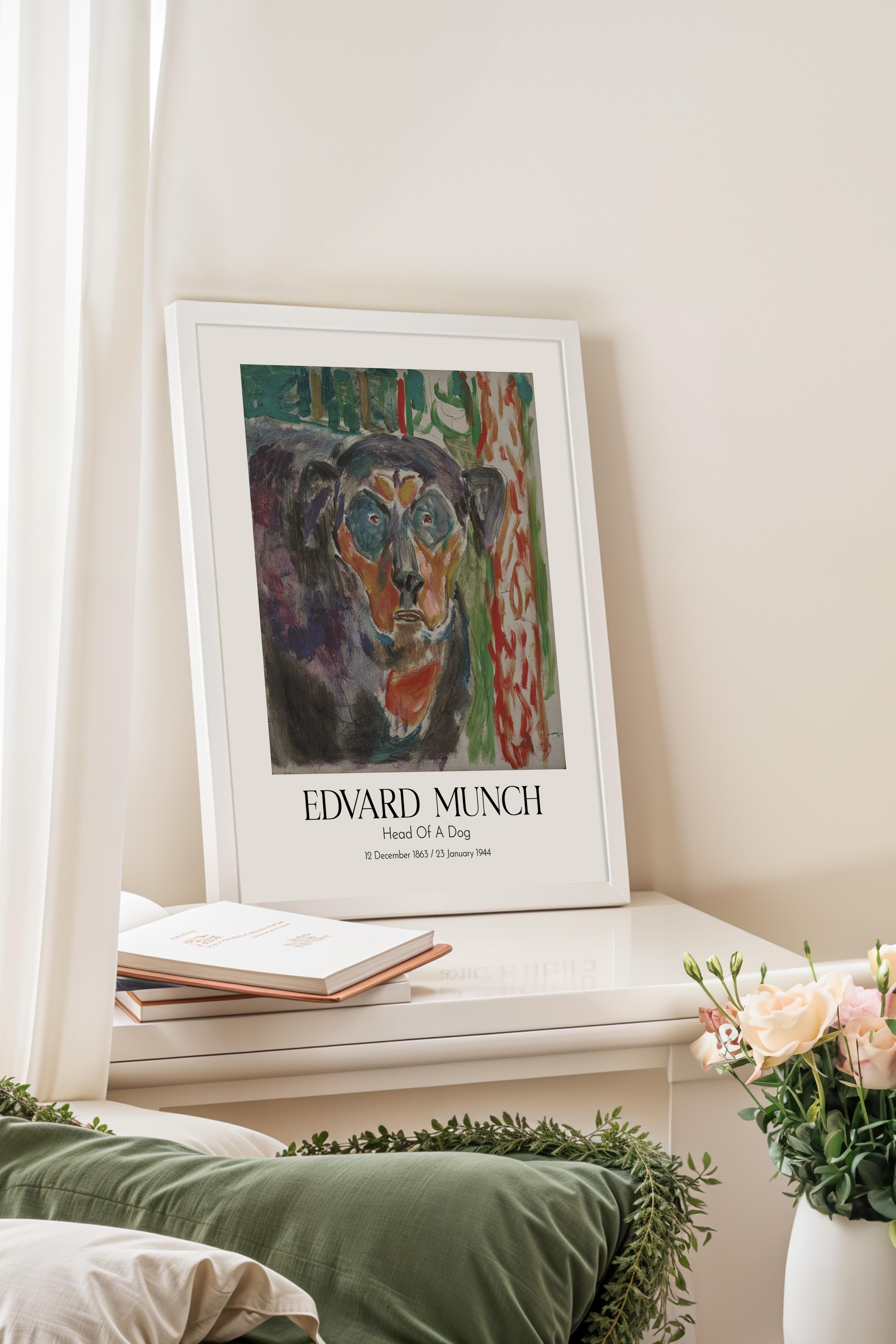 Edvard Munch - Head Of A Dog, Beyaz Çerçeveli Tablo, Sanat Serisi NO:111713
