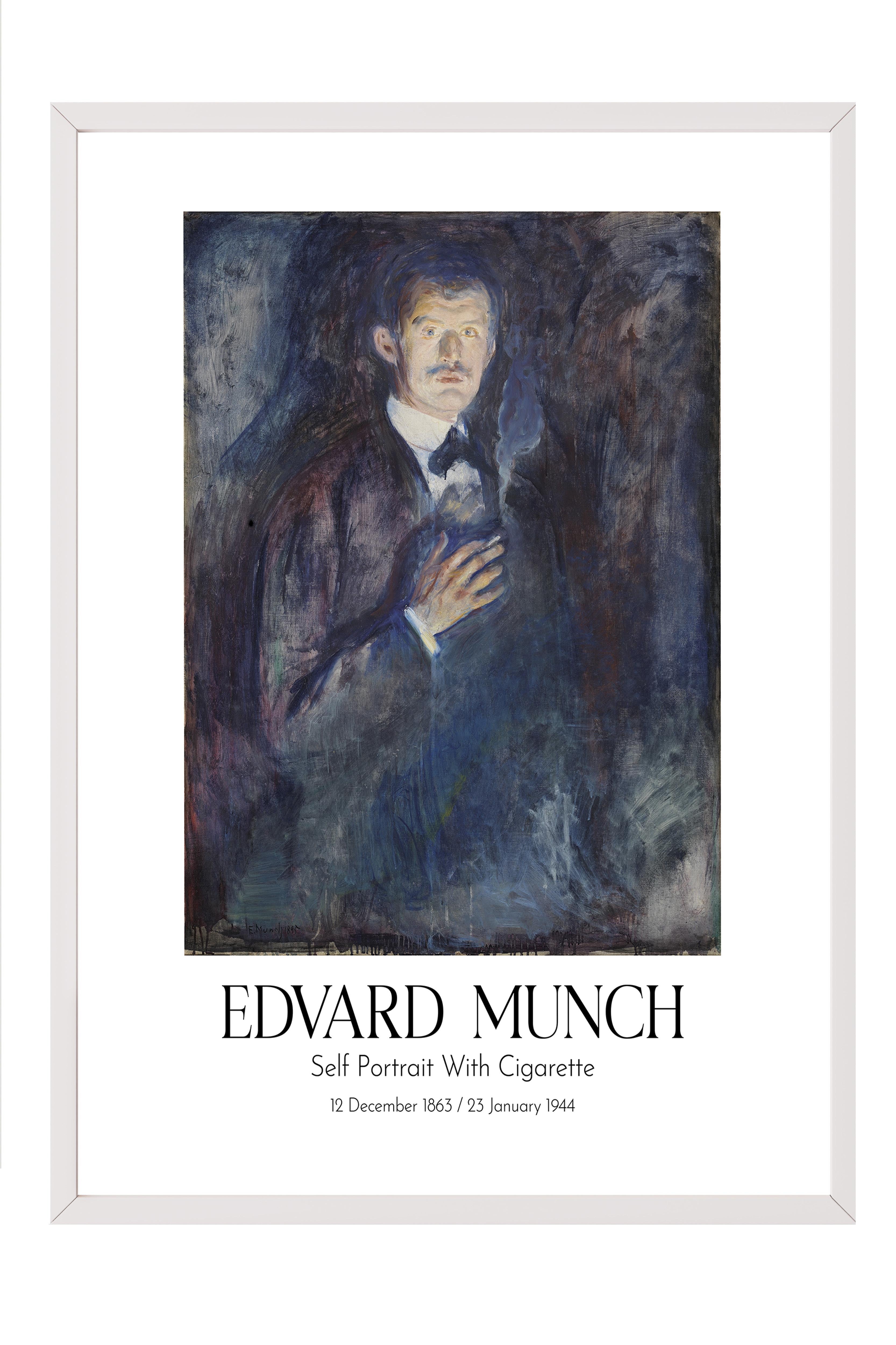 Edvard Munch - Self Portrait With Cigarette, Beyaz Çerçeveli Tablo, Sanat Serisi NO:111720