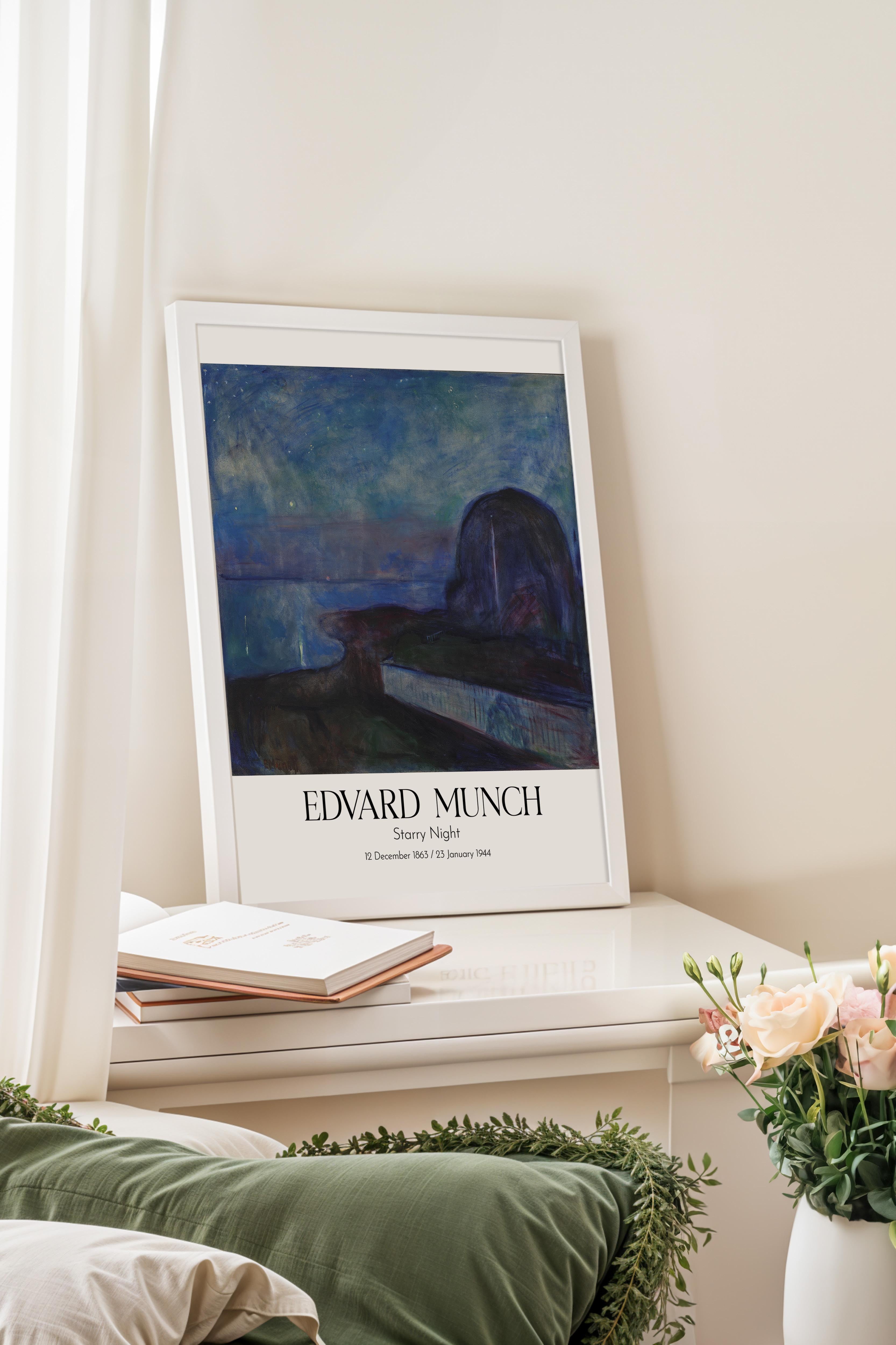 Edvard Munch - Starry Night, Beyaz Çerçeveli Tablo, Sanat Serisi NO:111722