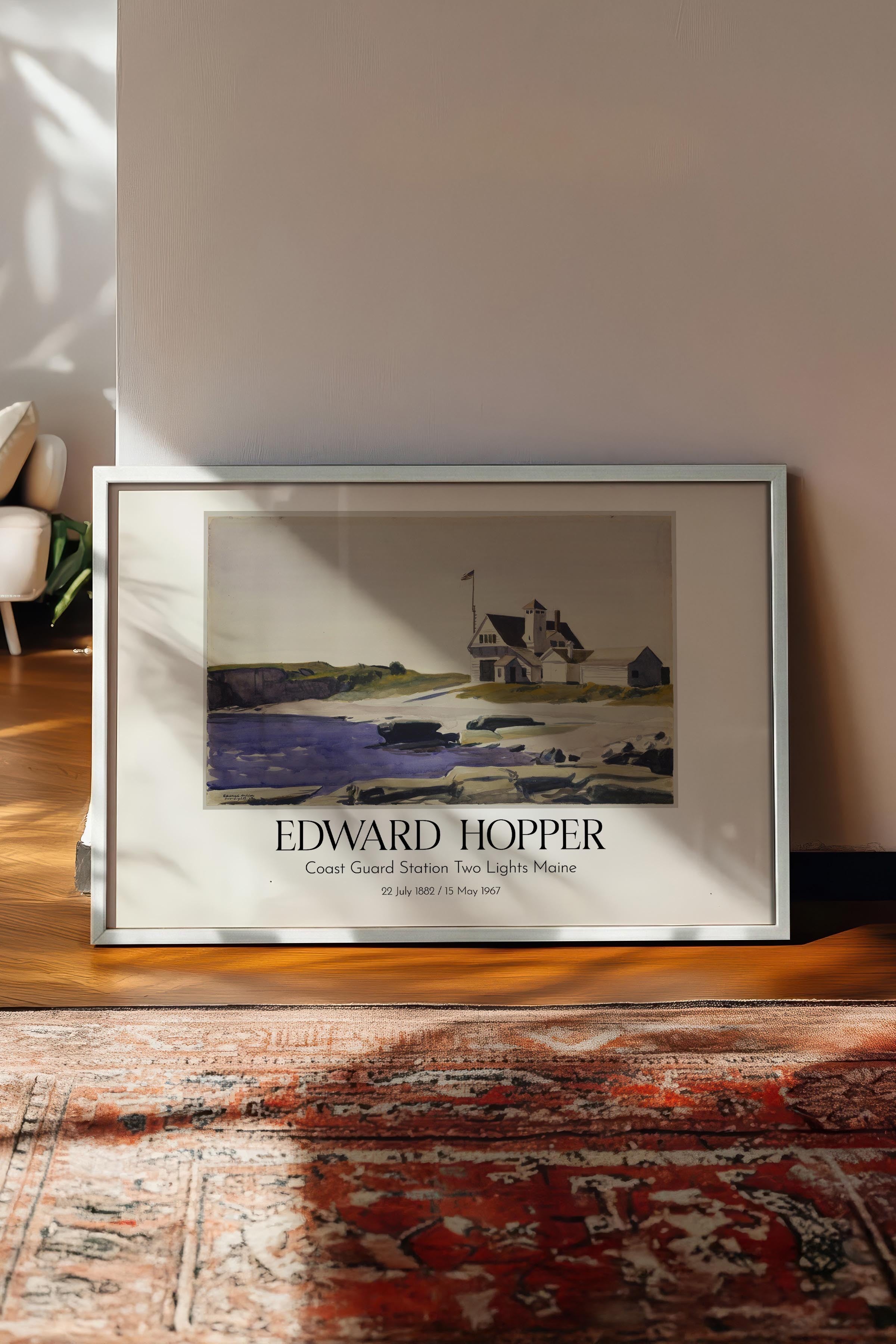 Edward Hopper - Coast Guard Station Two Lights Maine, Beyaz Çerçeveli Tablo, Sanat Serisi NO:110197