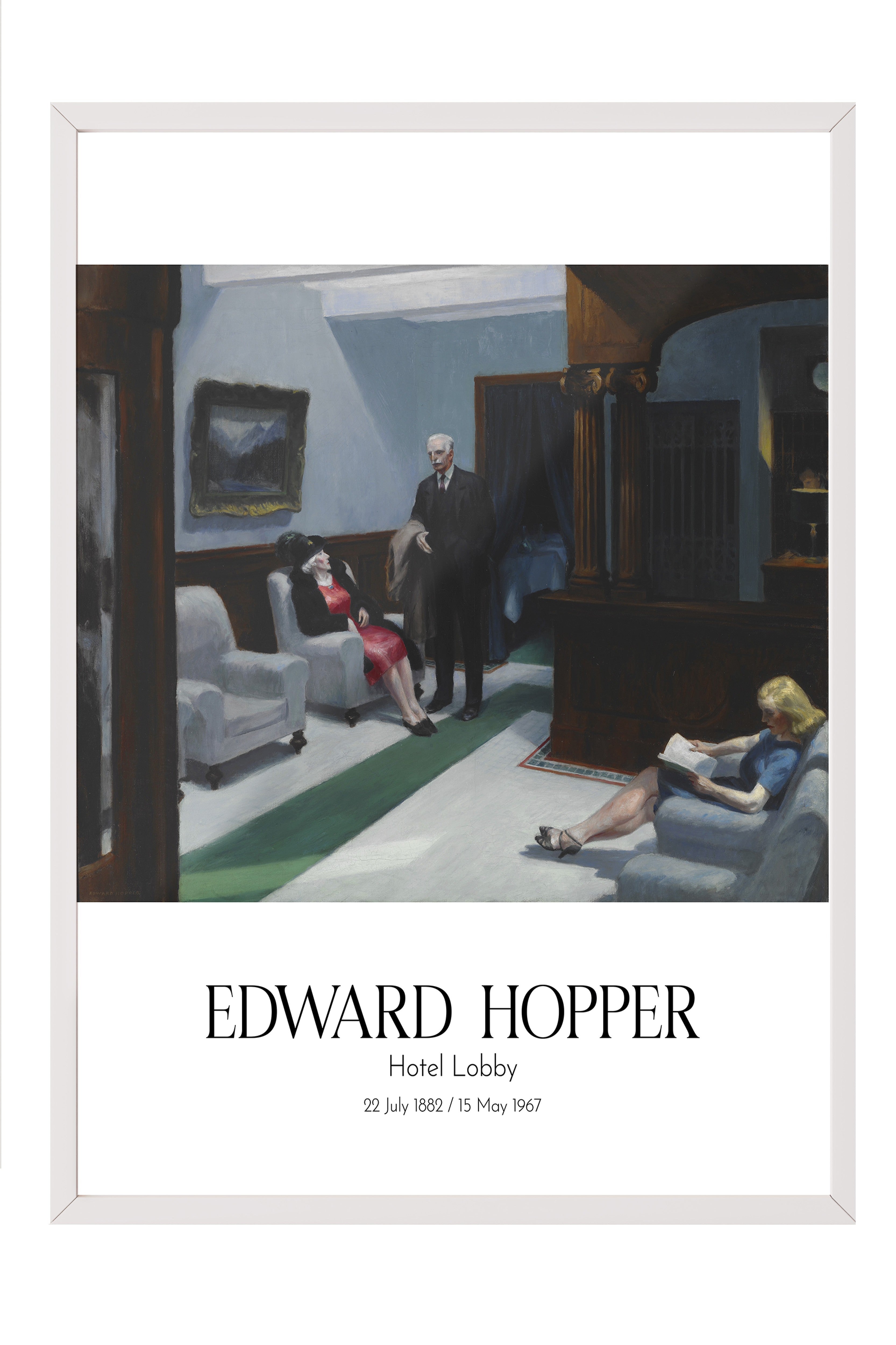 Edward Hopper - Hotel Lobby, Beyaz Çerçeveli Tablo, Sanat Serisi NO:110176