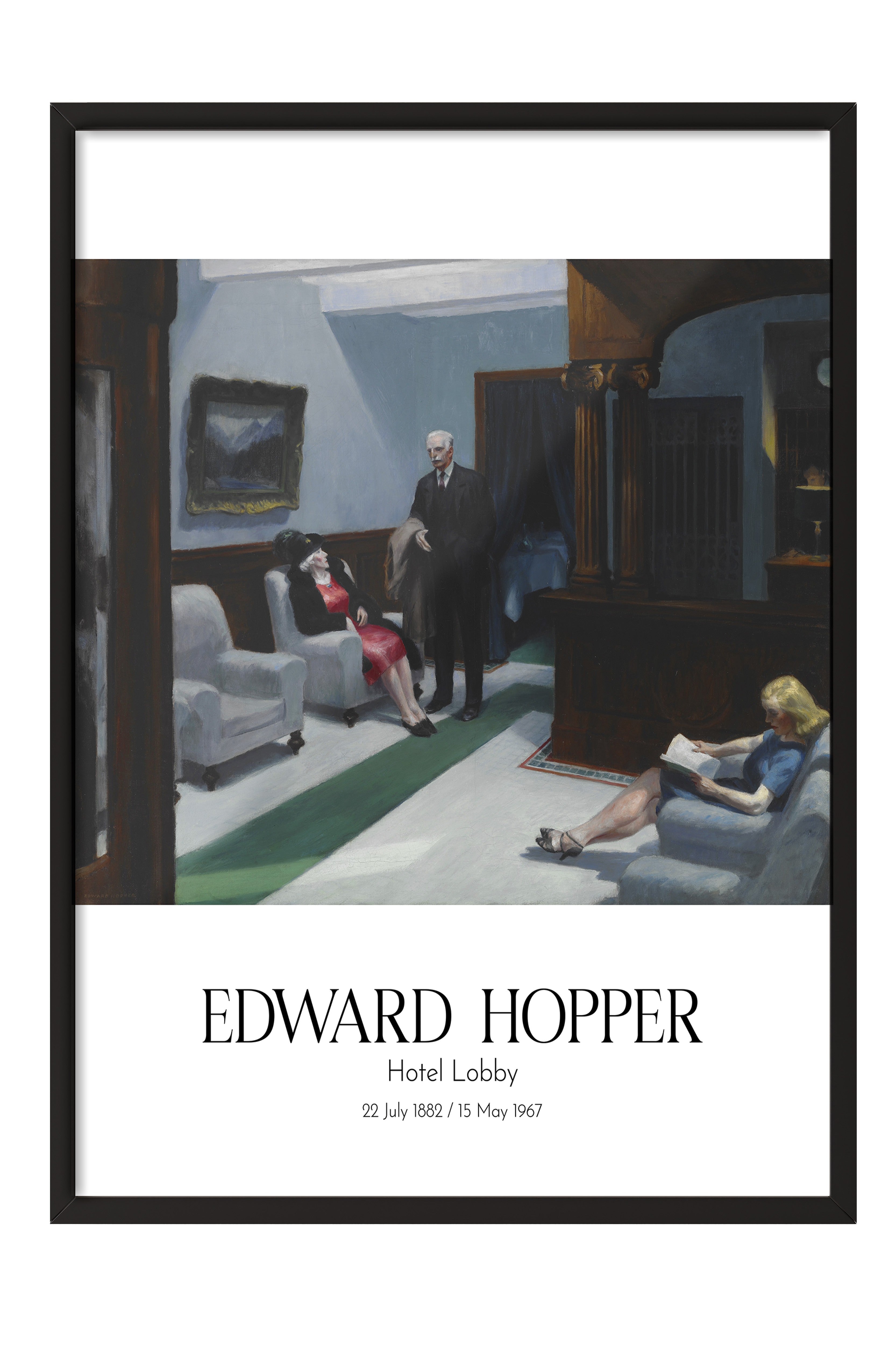 Edward Hopper - Hotel Lobby, Siyah Çerçeveli Tablo, Sanat Serisi NO:110176