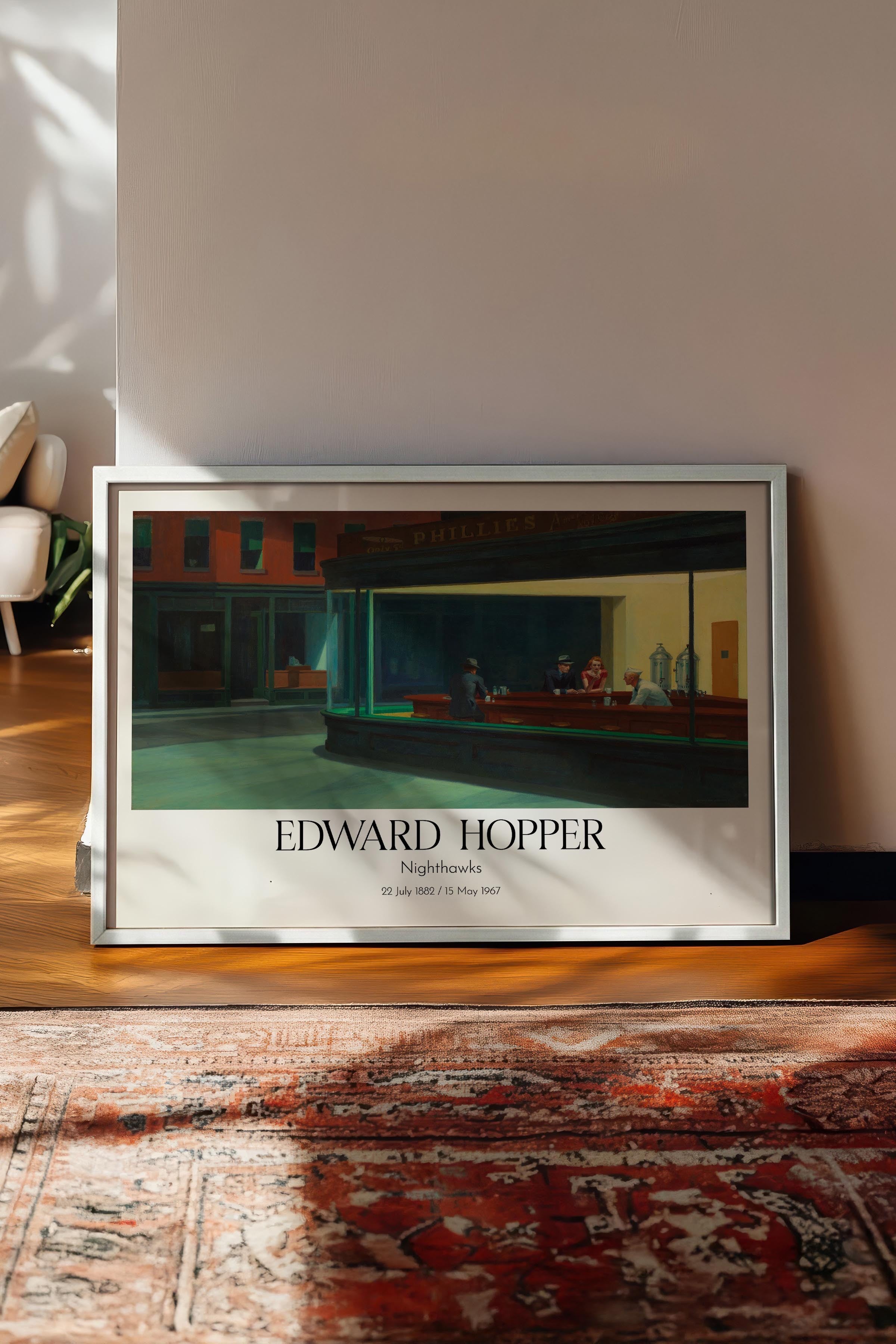 Edward Hopper - Nighthawks, Beyaz Çerçeveli Tablo, Sanat Serisi NO:110192