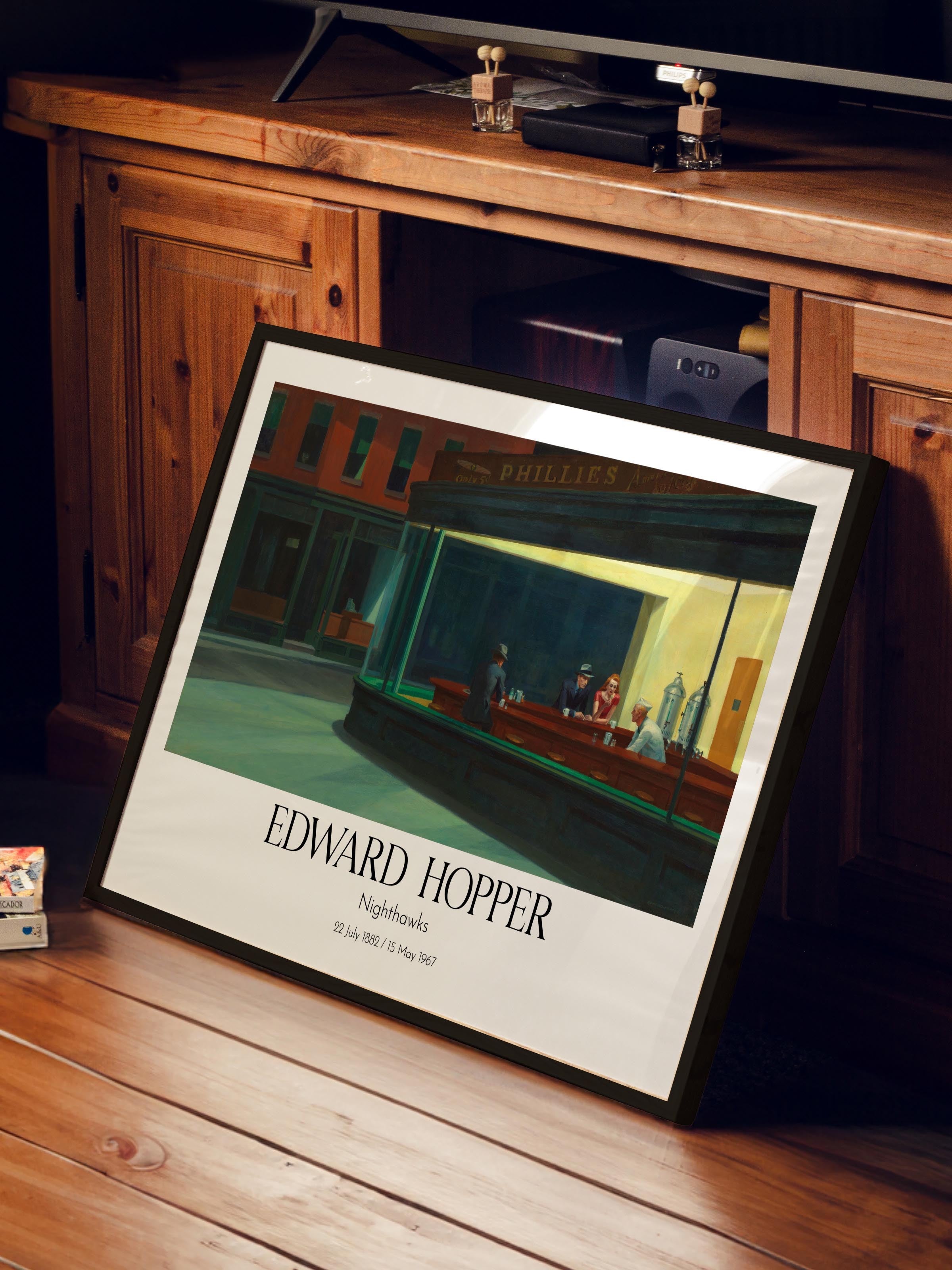 Edward Hopper - Nighthawks, Siyah Çerçeveli Tablo, Sanat Serisi NO:110192