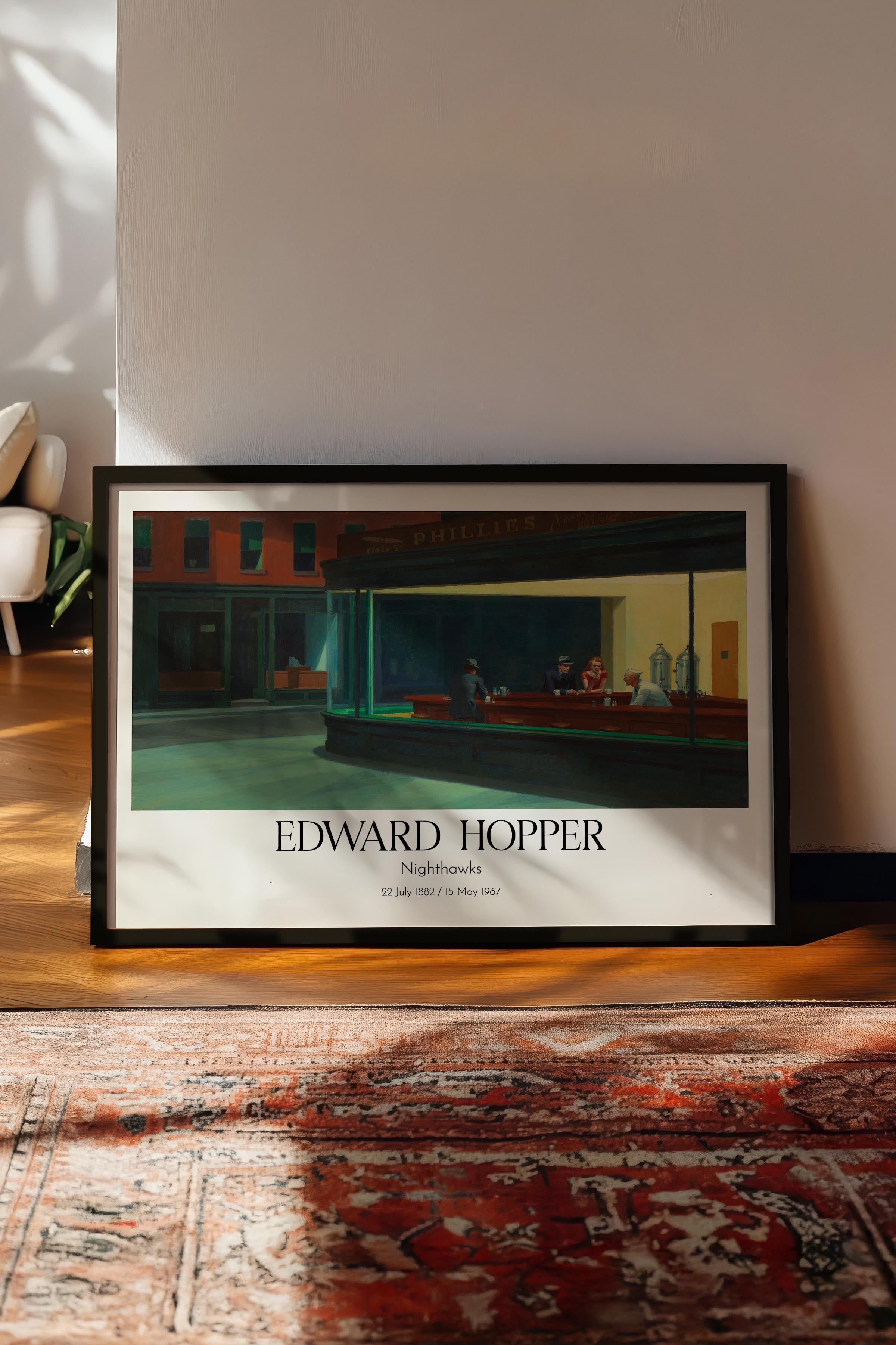 Edward Hopper - Nighthawks, Siyah Çerçeveli Tablo, Sanat Serisi NO:110192