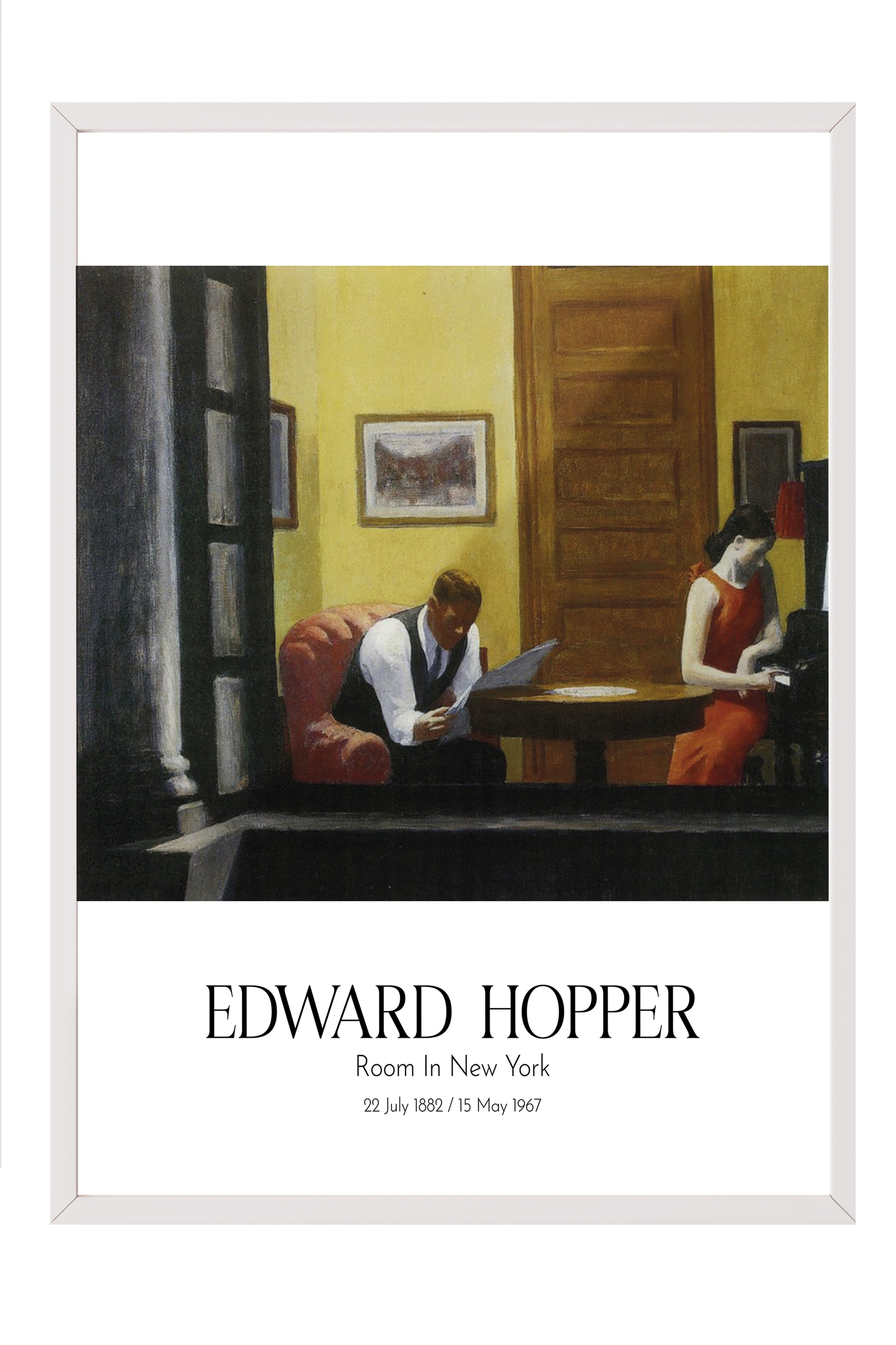 Edward Hopper - Room In New York, Beyaz Çerçeveli Tablo, Sanat Serisi NO:110179