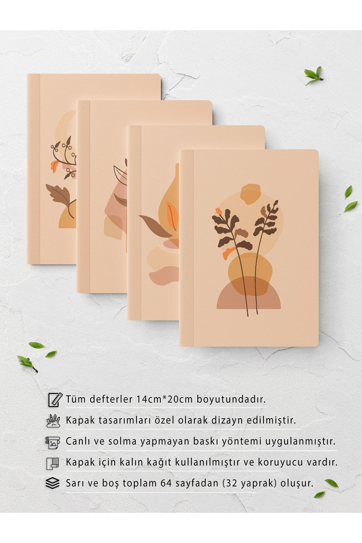 Boho Çizgisiz Defter Seti - 4 Adet - 14cm*20cm - 64 Sayfa