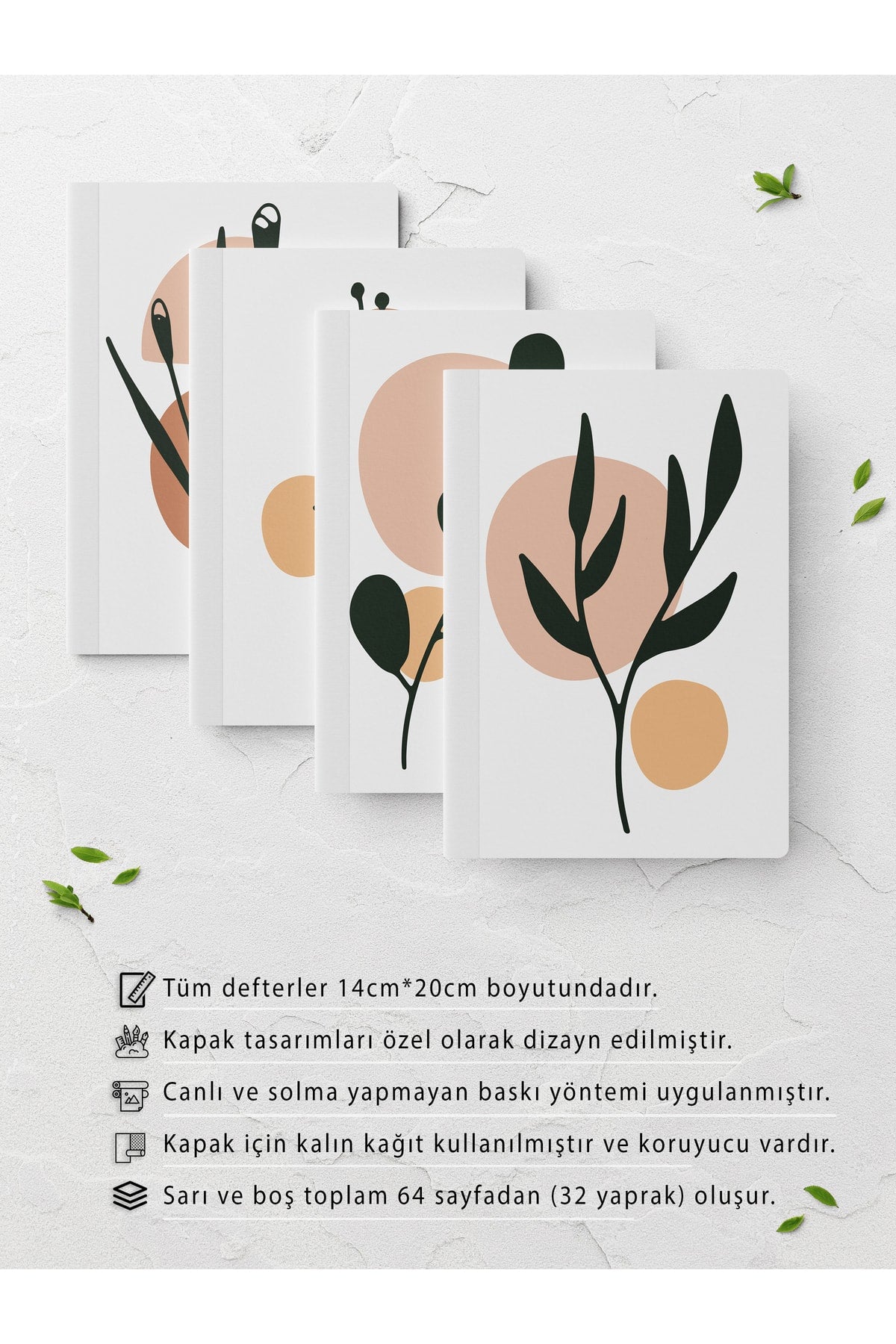 Botanik Çizgisiz Defter Seti - 4 Adet - 14cm*20cm - 64 Sayfa