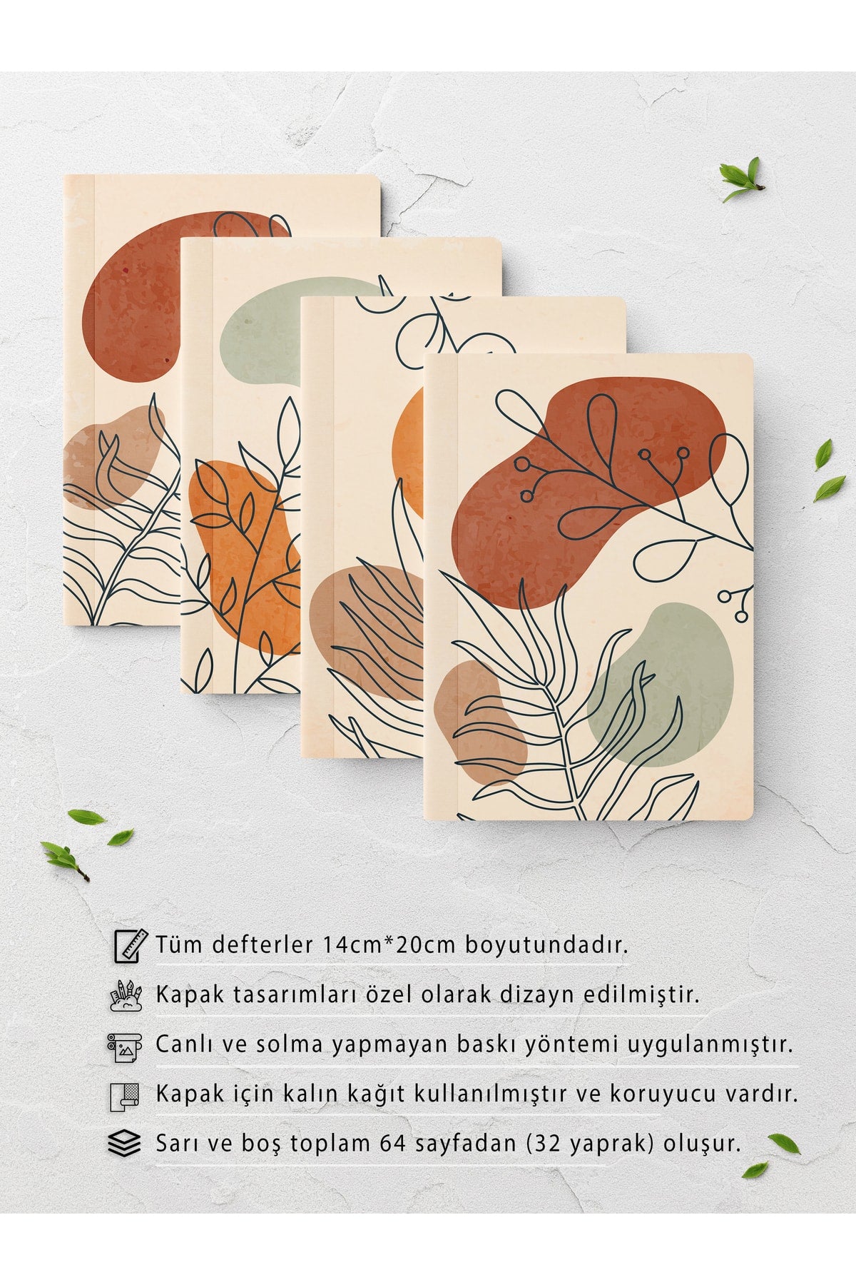 Çizgisiz Defter Seti - Boho - 4 Adet - 14cm*20cm - 64 Sayfa