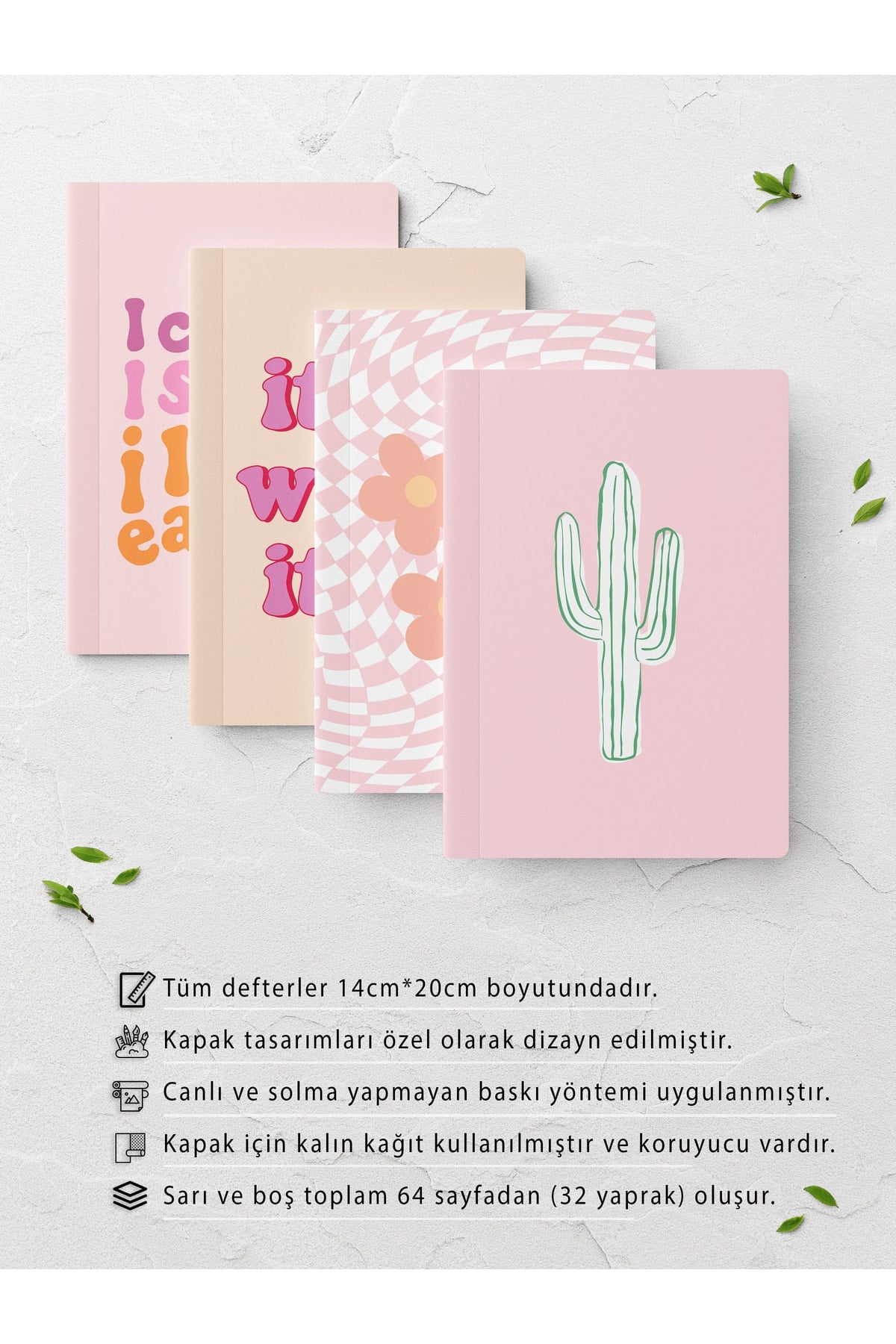 Çizgisiz Defter Seti - Pembe - 4 Adet - 14cm*20cm - 64 Sayfa