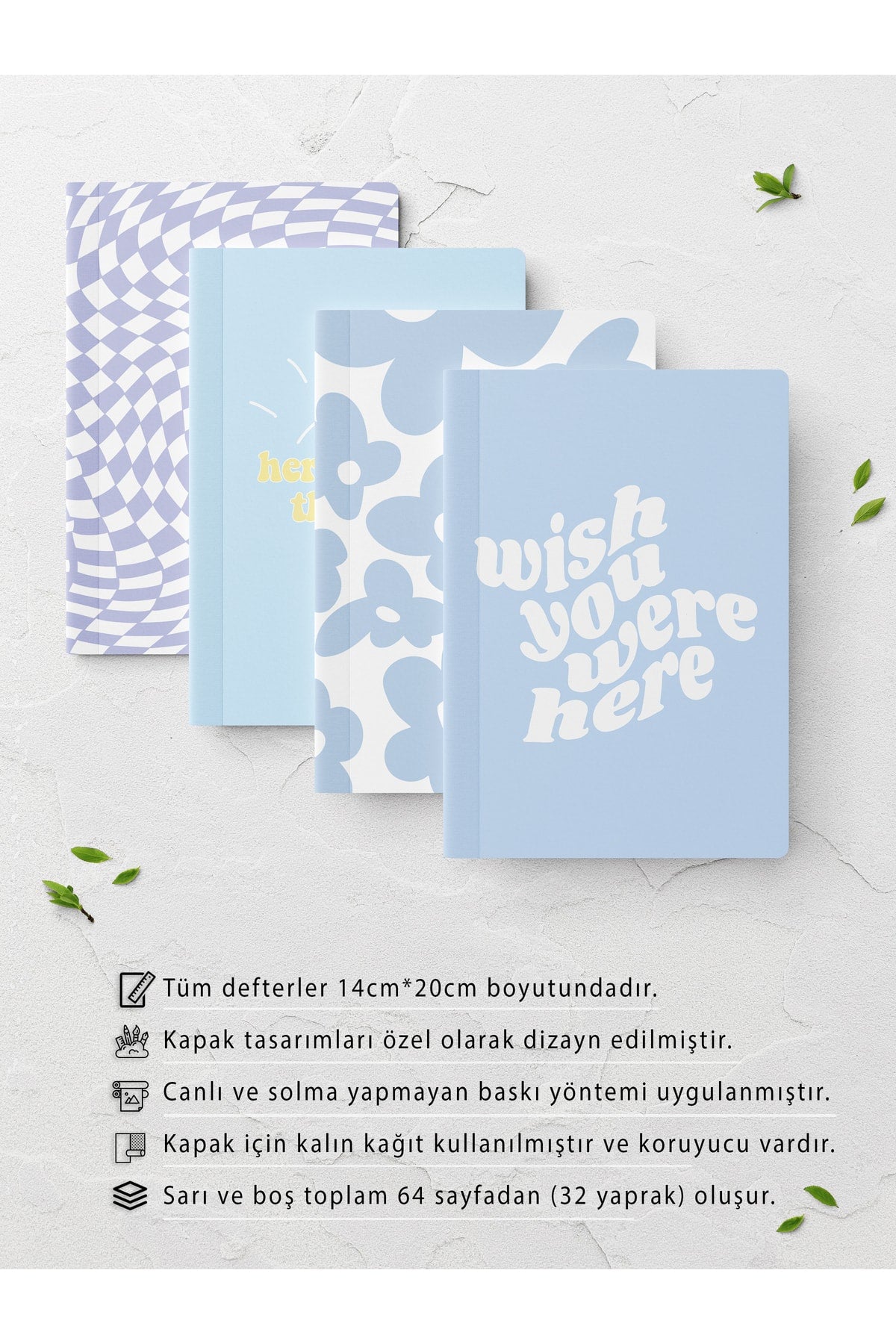 Çizgisiz Defter Seti - Mavi - 4 Adet - 14cm*20cm - 64 Sayfa