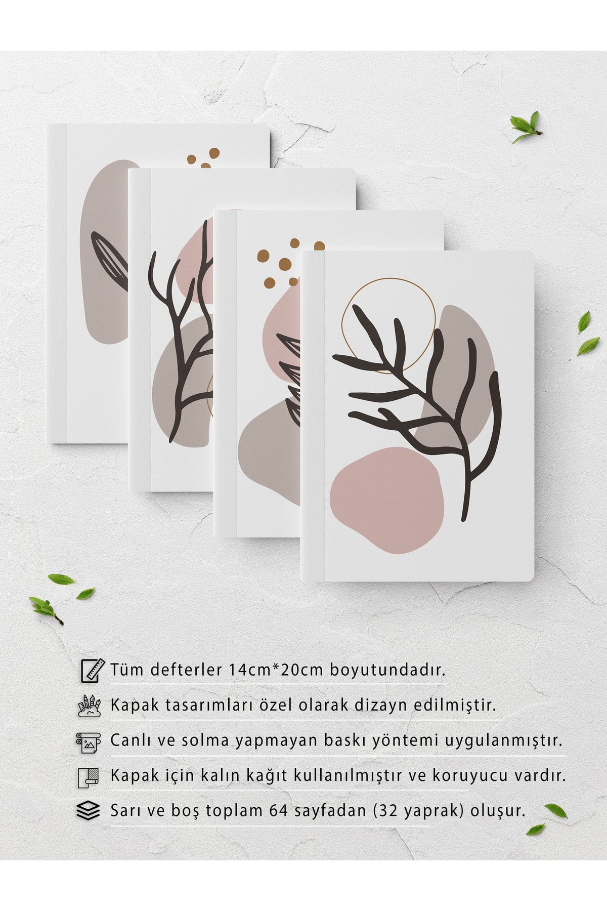 Çizgisiz Defter Seti - Botanik Çiçek - 4 Adet - 14cm*20cm - 64 Sayfa