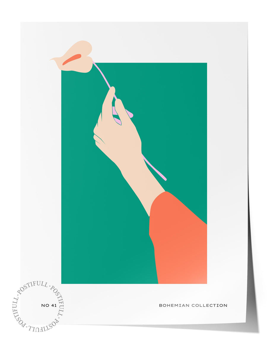 Elinde çiçek tutan kadın Tropikal İllustrasyon Çerçevesiz Poster