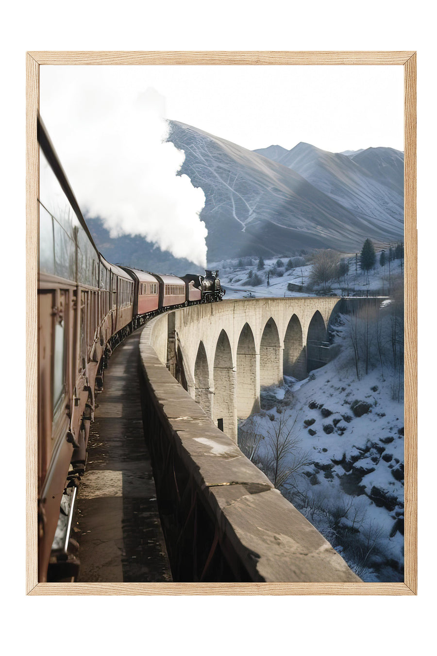 Karlı Dağlarda Viyadükten Geçen Buharlı Tren Doğa Comfort Serisi Poster – Ahşap Çerçeveli Tablo