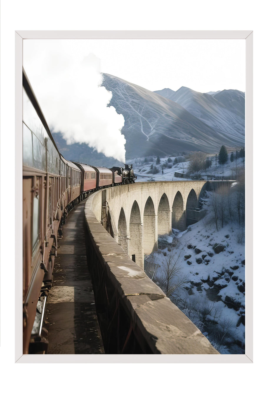 Karlı Dağlarda Viyadükten Geçen Buharlı Tren Doğa Comfort Serisi Poster – Beyaz Çerçeveli Tablo