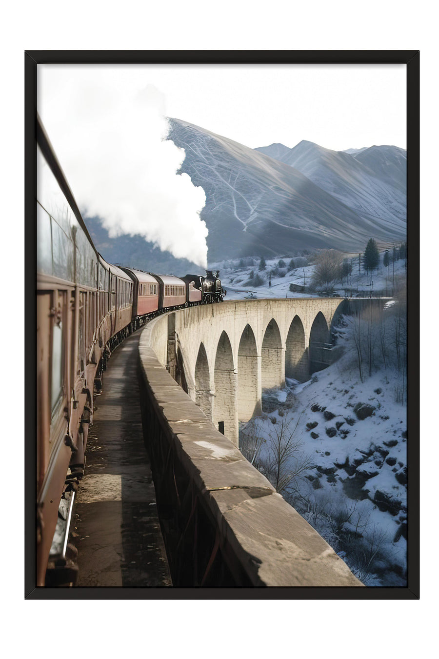 Karlı Dağlarda Viyadükten Geçen Buharlı Tren Doğa Comfort Serisi Poster – Siyah Çerçeveli Tablo