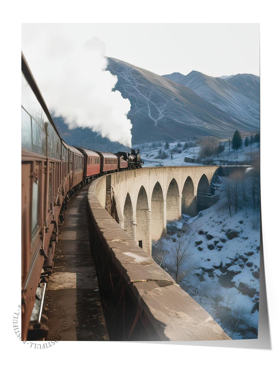 Karlı Dağlarda Viyadükten Geçen Buharlı Tren Doğa Comfort Serisi Çerçevesiz Poster
