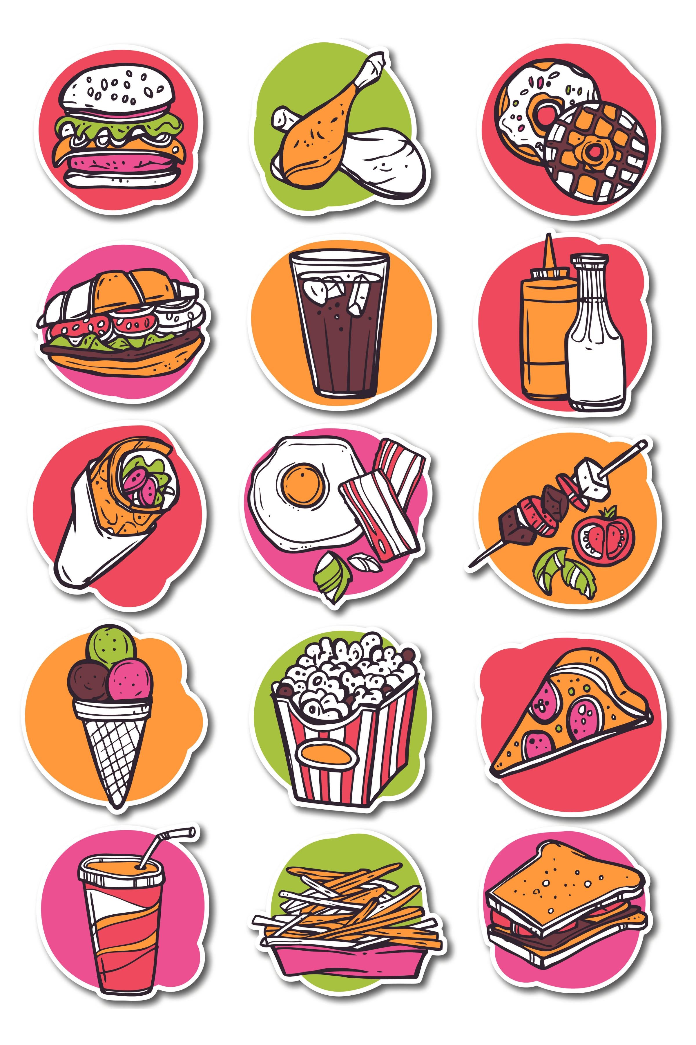 Fast Food Temalı Sticker ve Etiket Seti - Orta Boy - Su Geçirmez, Kalın Yapışkanlı Sticker Seti