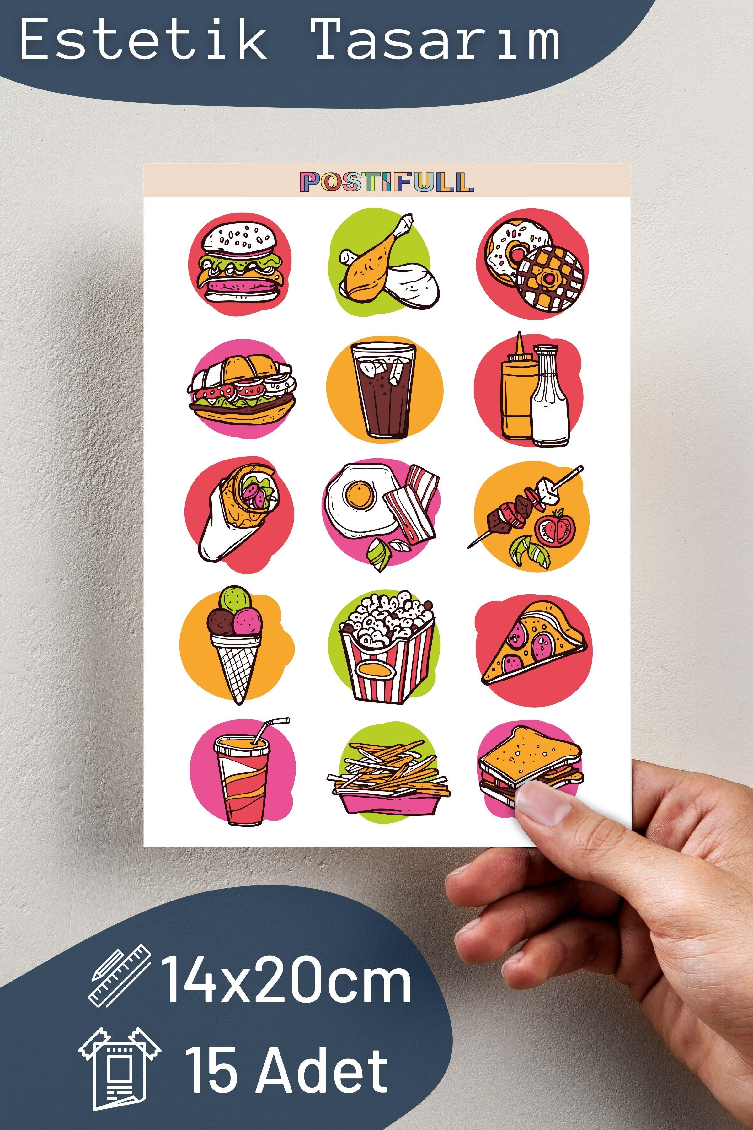 Fast Food Temalı Sticker ve Etiket Seti - Orta Boy - Su Geçirmez, Kalın Yapışkanlı Sticker Seti