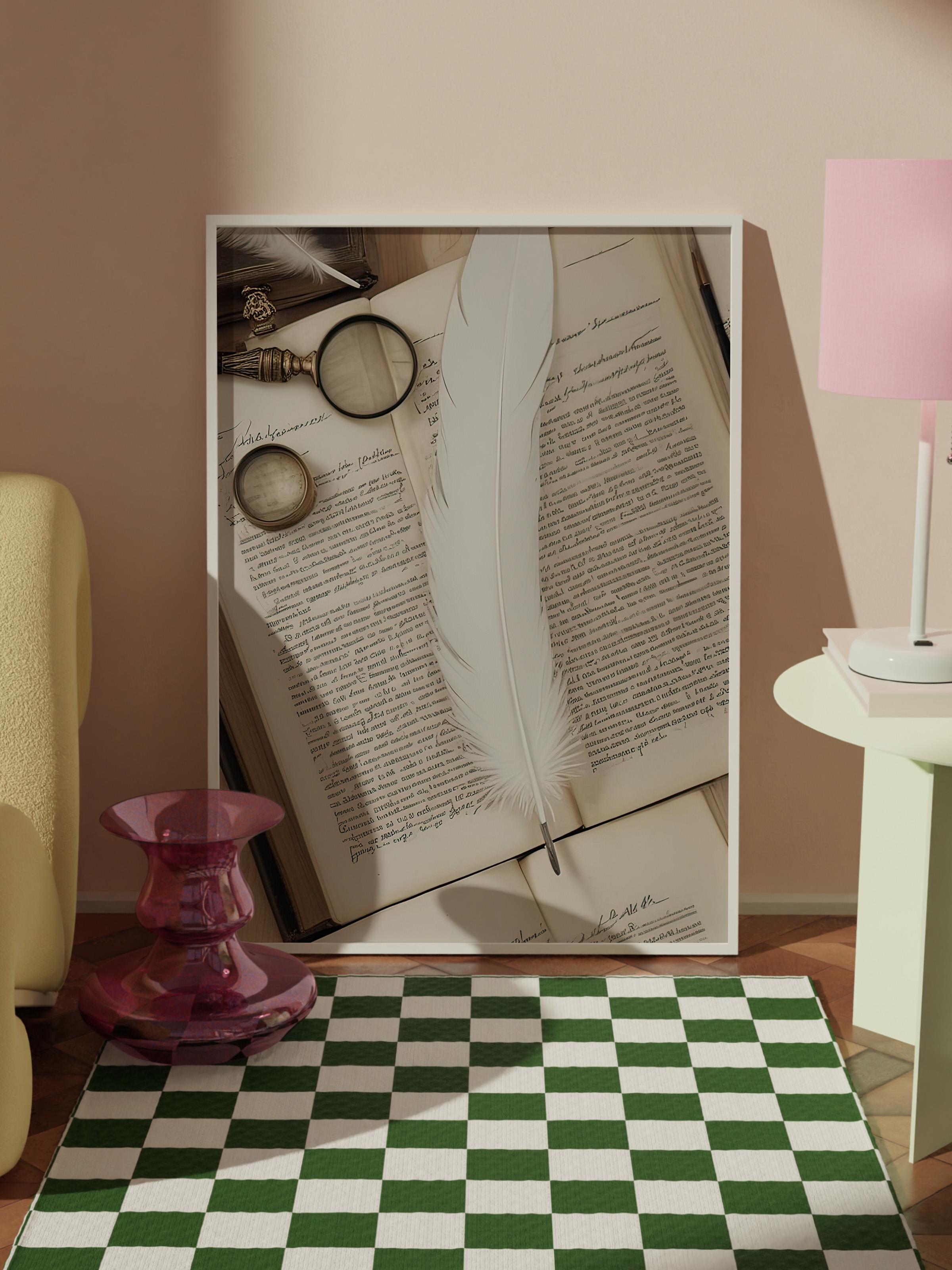 Feather Pen Çerçeveli Tablo, Beyaz Çerçeve ve Poster, Dikey Duvar Tablosu Comfort Serisi NO:108359