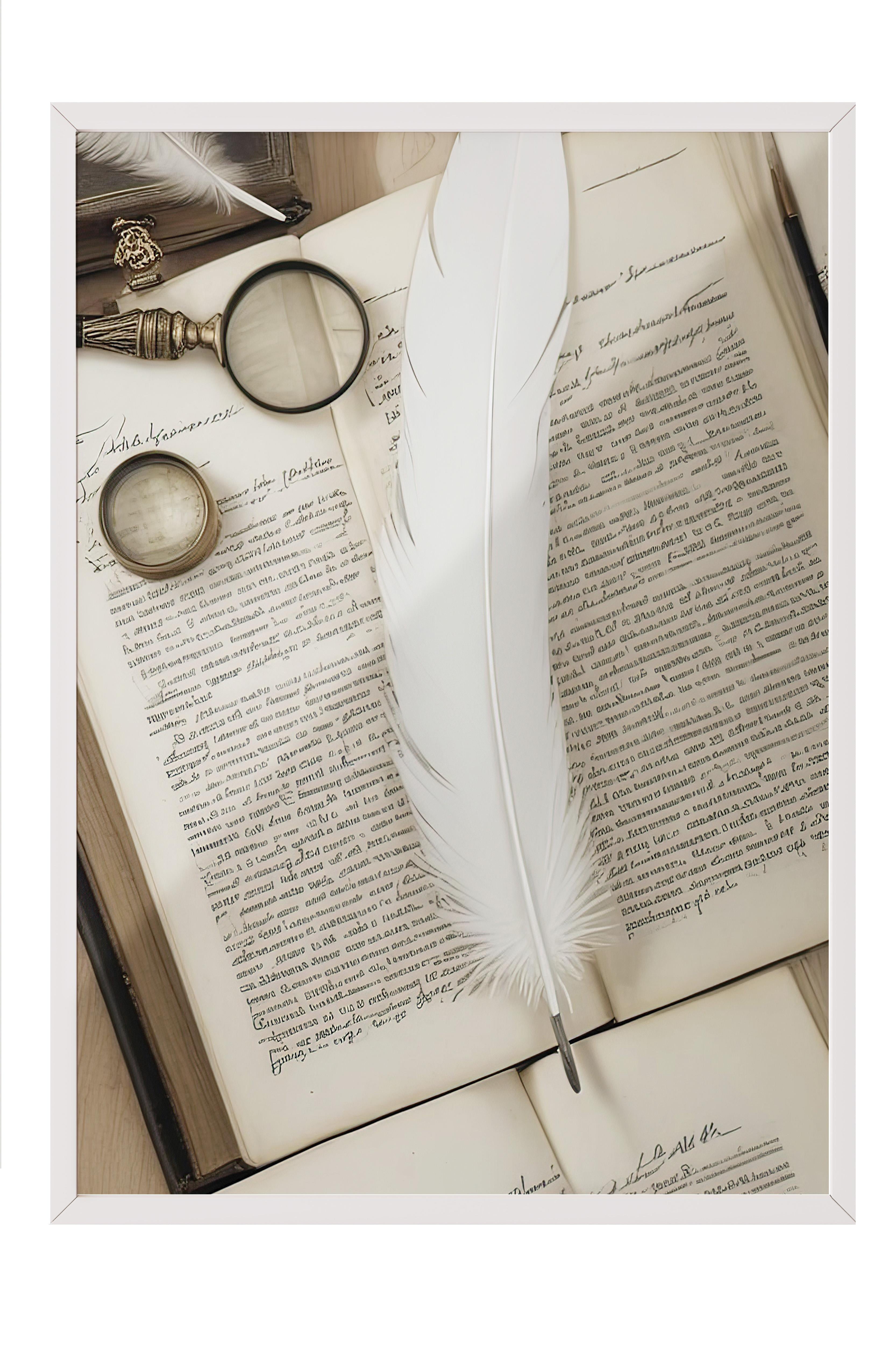 Feather Pen Çerçeveli Tablo, Beyaz Çerçeve ve Poster, Dikey Duvar Tablosu Comfort Serisi NO:108359