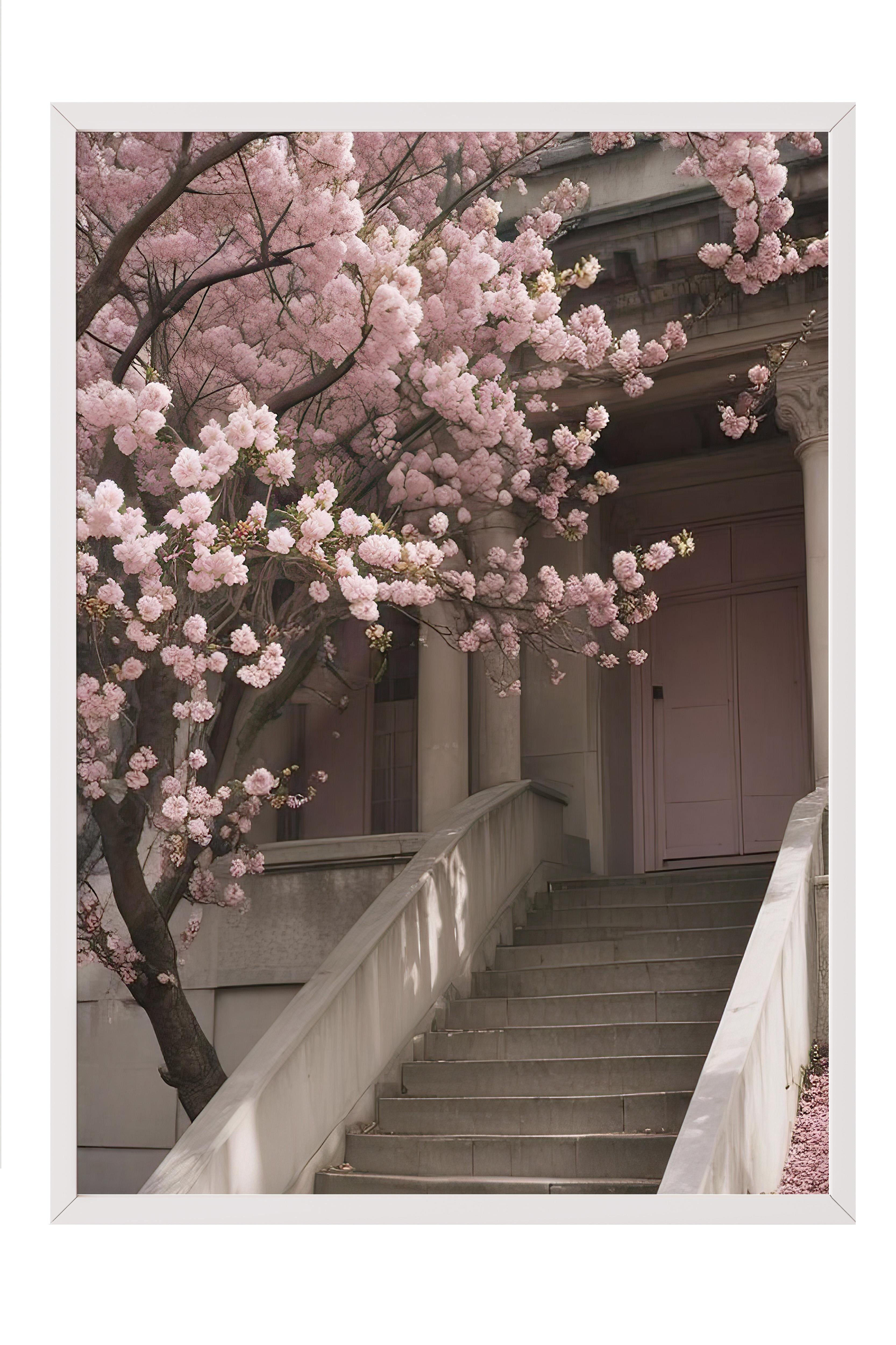 Flower Staircase Çerçeveli Tablo, Beyaz Çerçeve ve Poster, Duvar Tablosu Comfort Serisi NO:108368