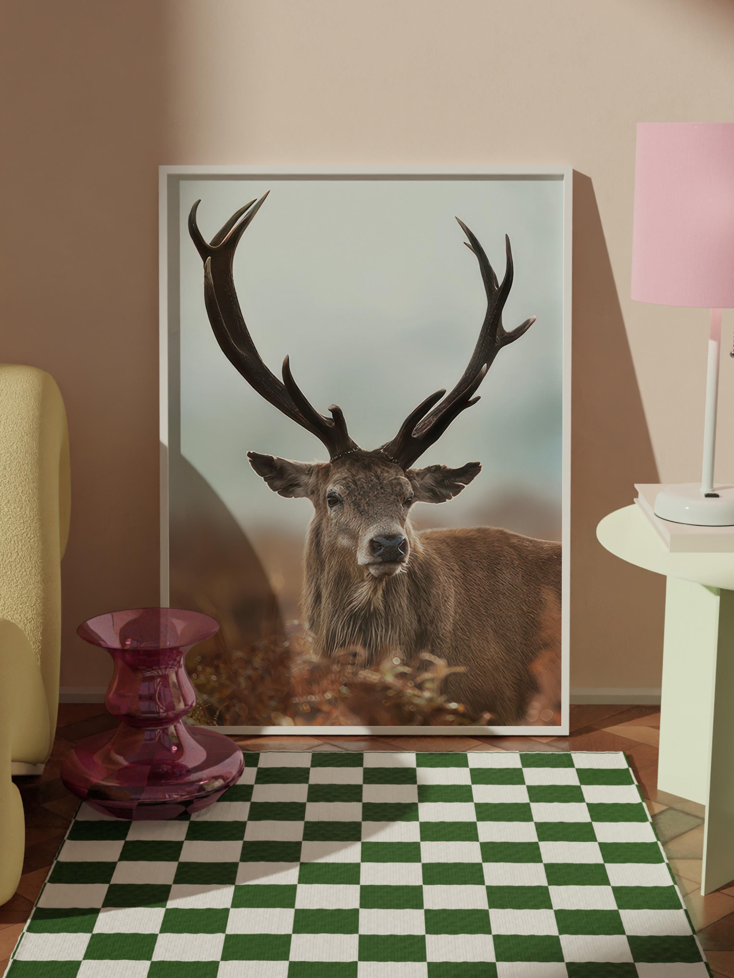 Forest Stag Çerçeveli Tablo, Beyaz Çerçeve ve Poster, Dikey Duvar Tablosu Comfort Serisi NO:108443