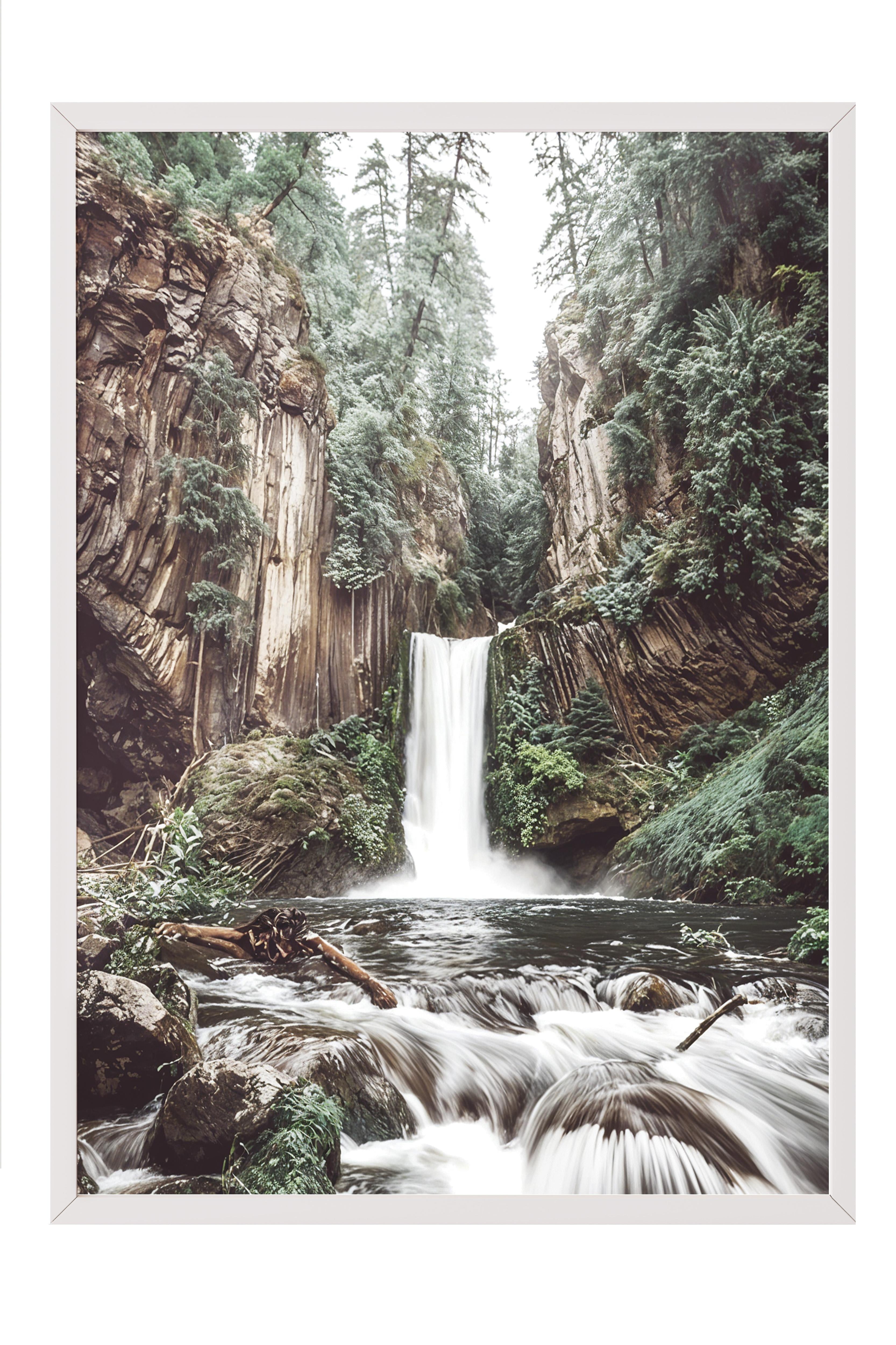 Forest Waterfall Çerçeveli Tablo, Beyaz Çerçeve ve Poster, Duvar Tablosu Comfort Serisi NO:108406