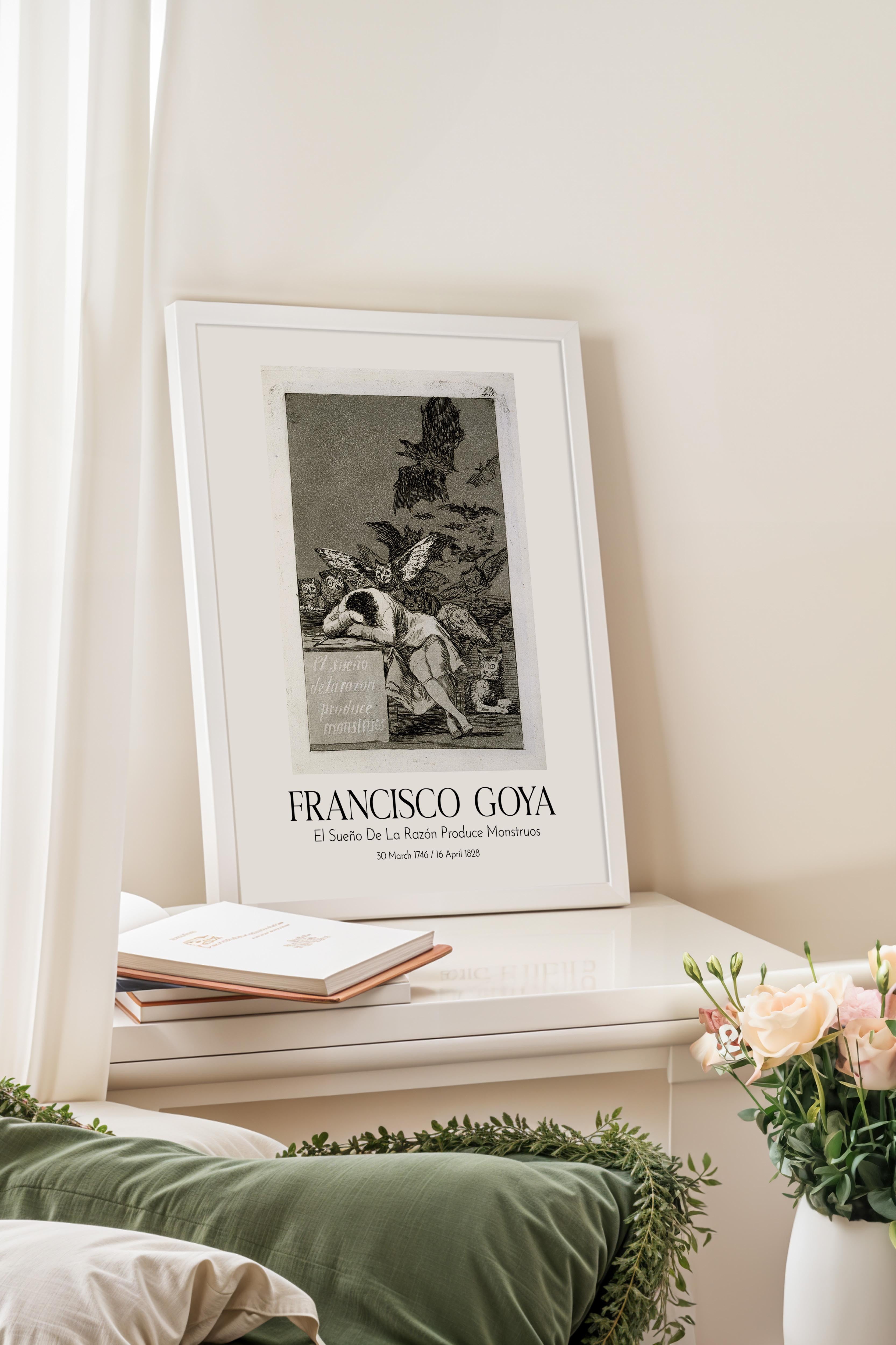 Francisco Goya - El Sueño De La Razón Produce Monstruos, Beyaz Çerçeveli Tablo, Sanat Serisi NO:111851