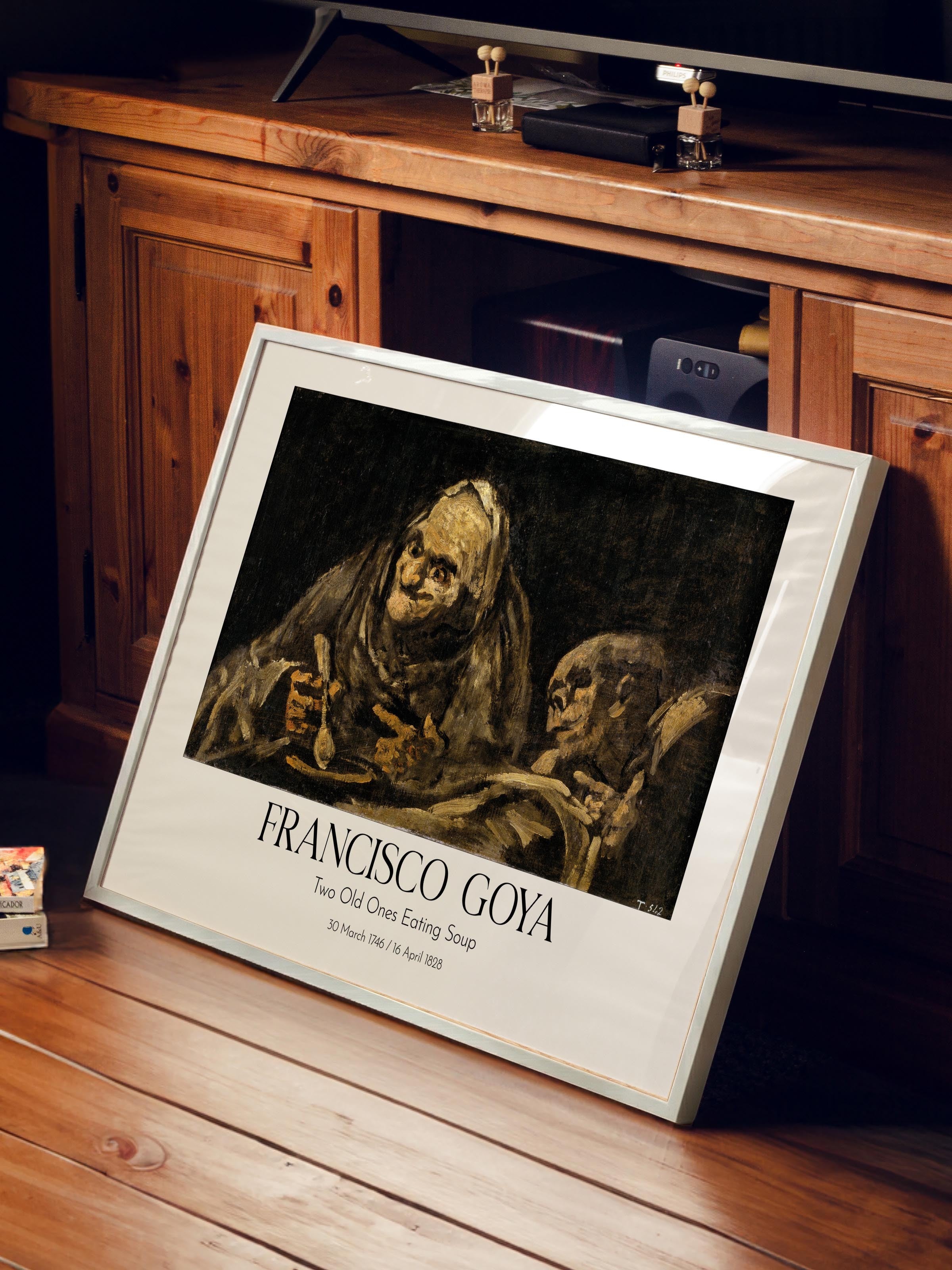 Francisco Goya - Two Old Ones Eating Soup, Beyaz Çerçeveli Tablo, Sanat Serisi NO:111883