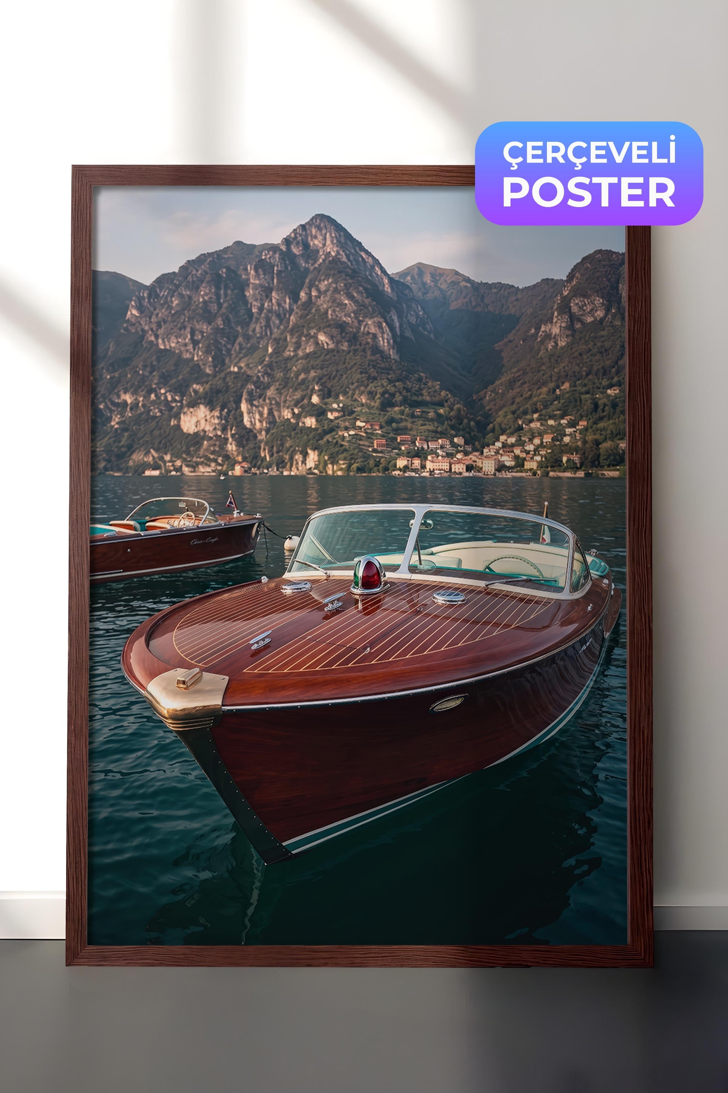 Gemi ve Dağ Manzarası Posteri, Kahverengi Çerçeveli Poster, Old Money Serisi, NO:113172