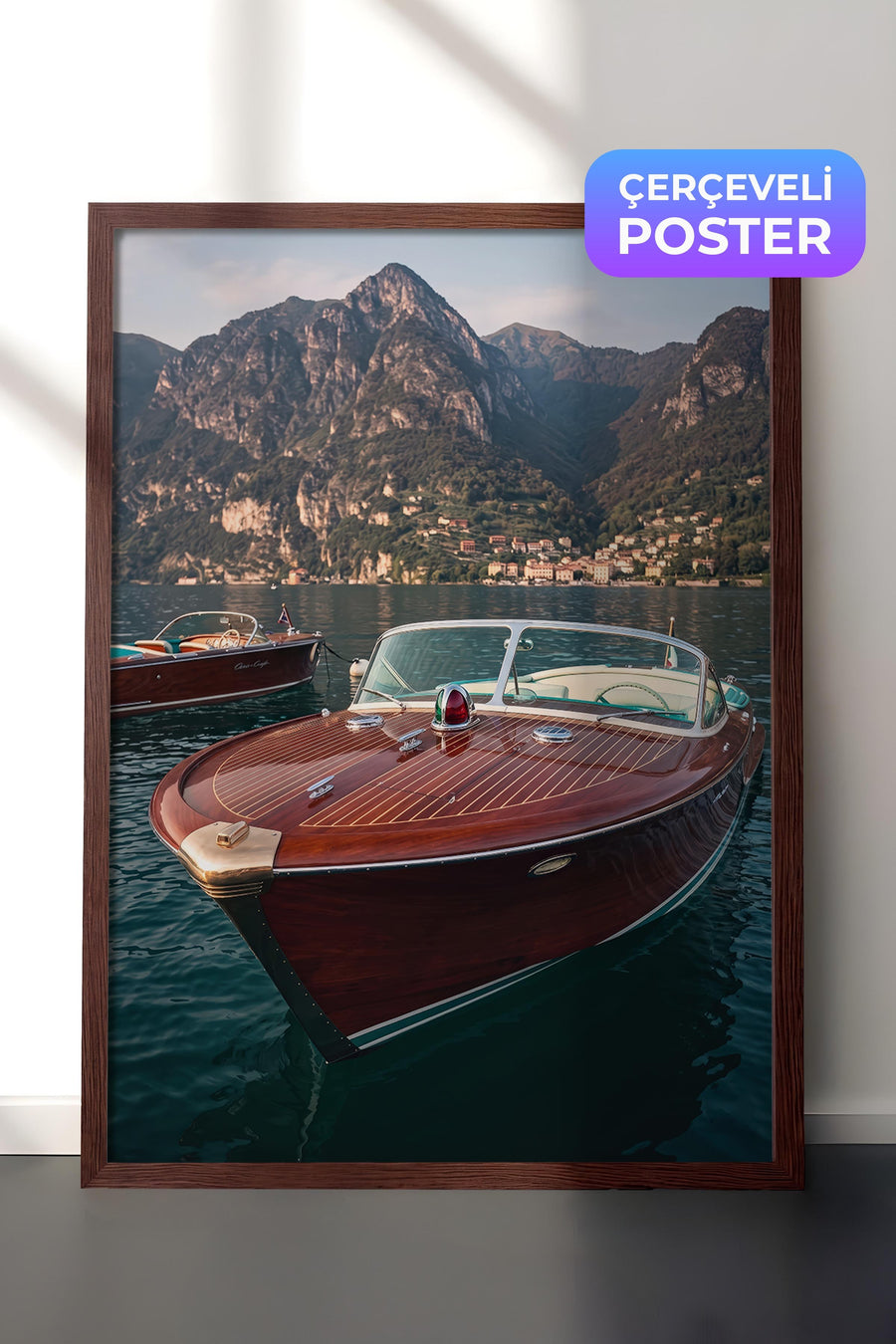 Göl Manzarasında Tekne Old Money Tasarımlar Poster – Kahverengi Çerçeveli Tablo