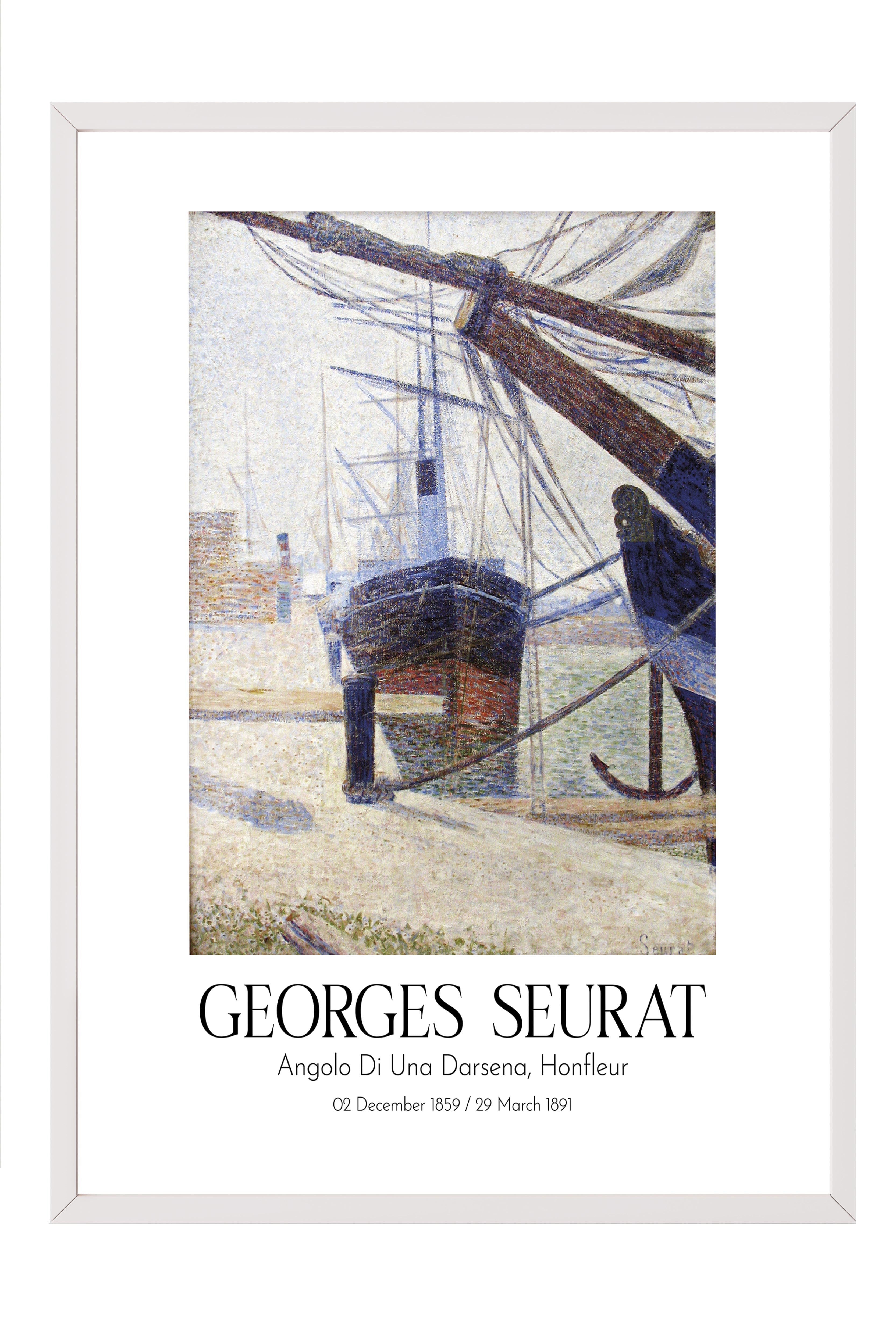 Georges Seurat - Angolo Di Una Darsena, Honfleur, Beyaz Çerçeveli Tablo, Sanat Serisi NO:111902