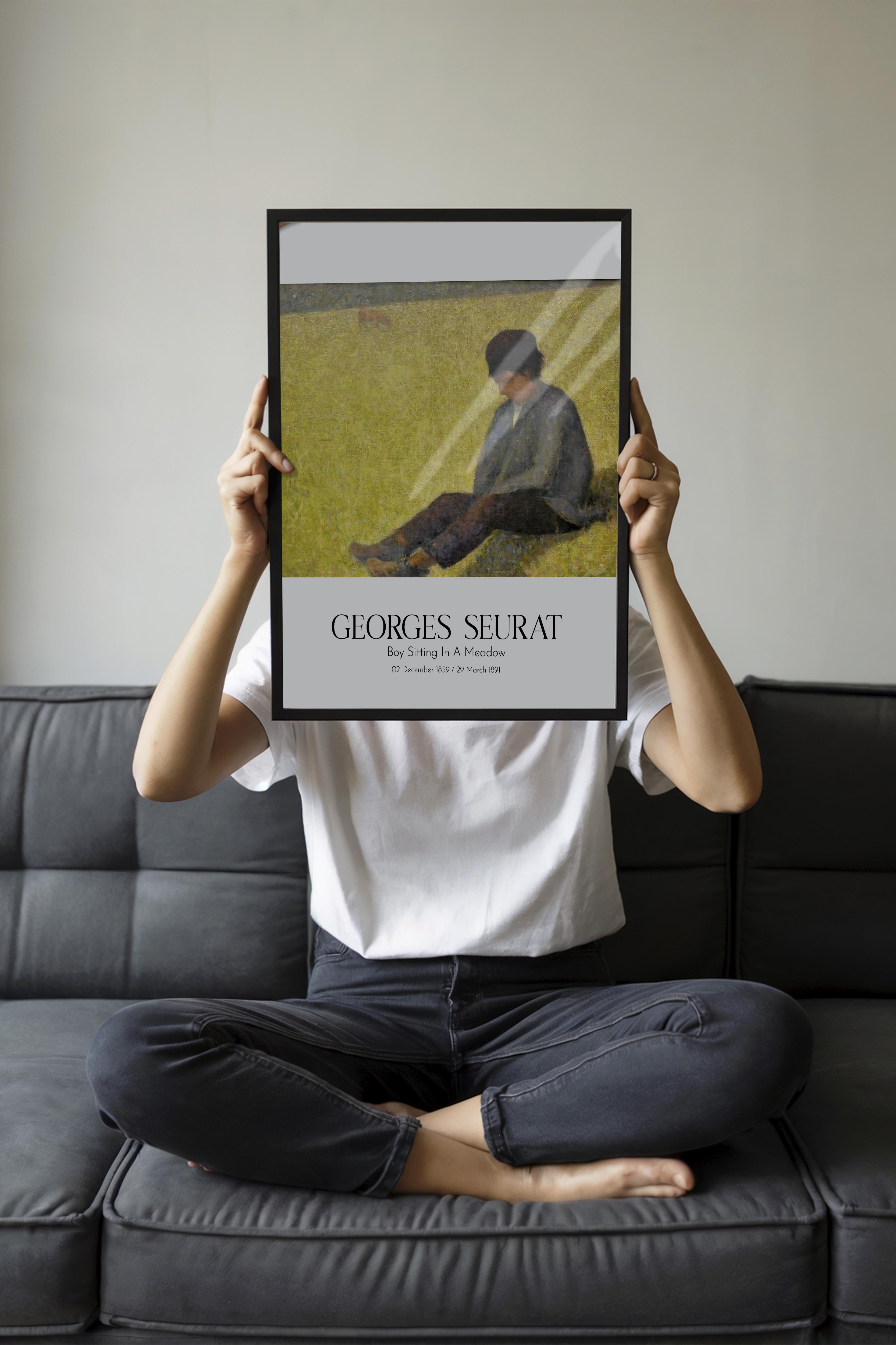 Georges Seurat - Boy Sitting In A Meadow, Siyah Çerçeveli Tablo, Sanat Serisi NO:111903