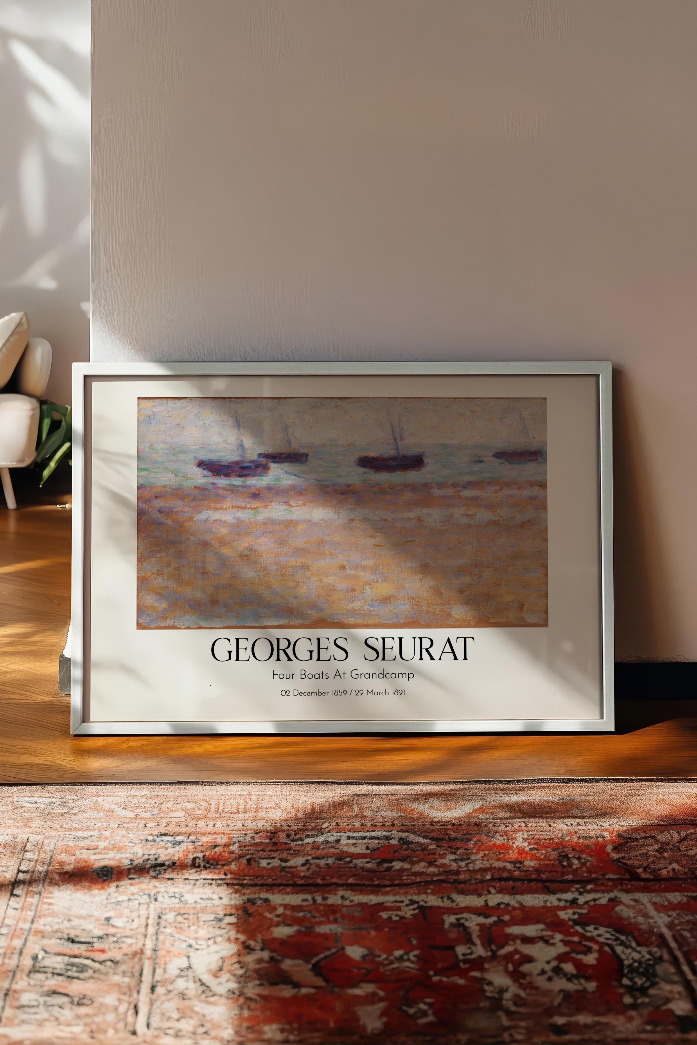Georges Seurat - Four Boats At Grandcamp, Beyaz Çerçeveli Tablo, Sanat Serisi NO:111930