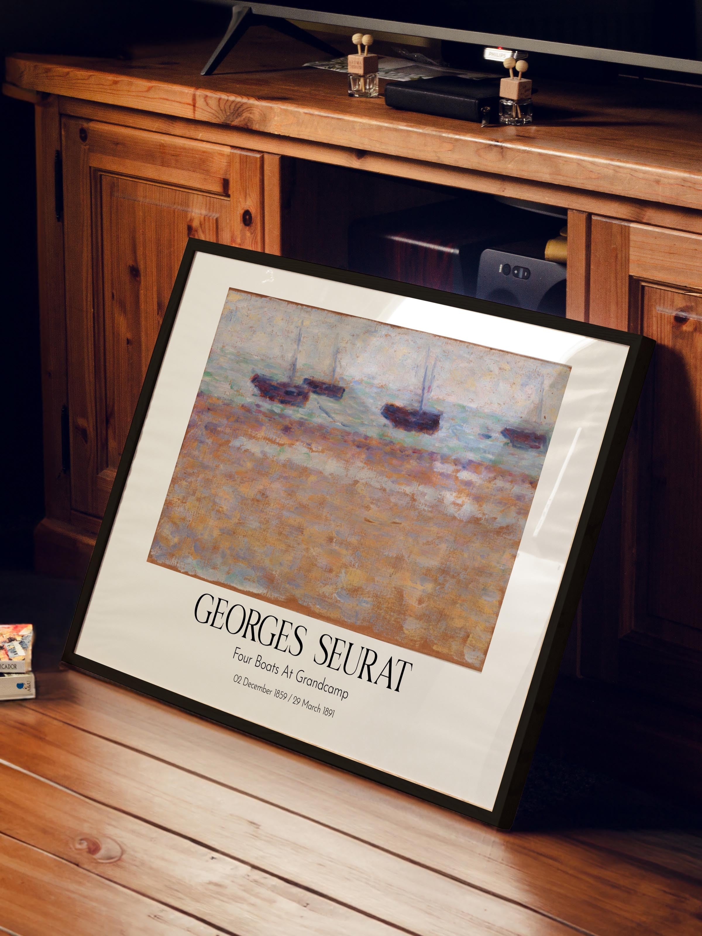 Georges Seurat - Four Boats At Grandcamp, Siyah Çerçeveli Tablo, Sanat Serisi NO:111930