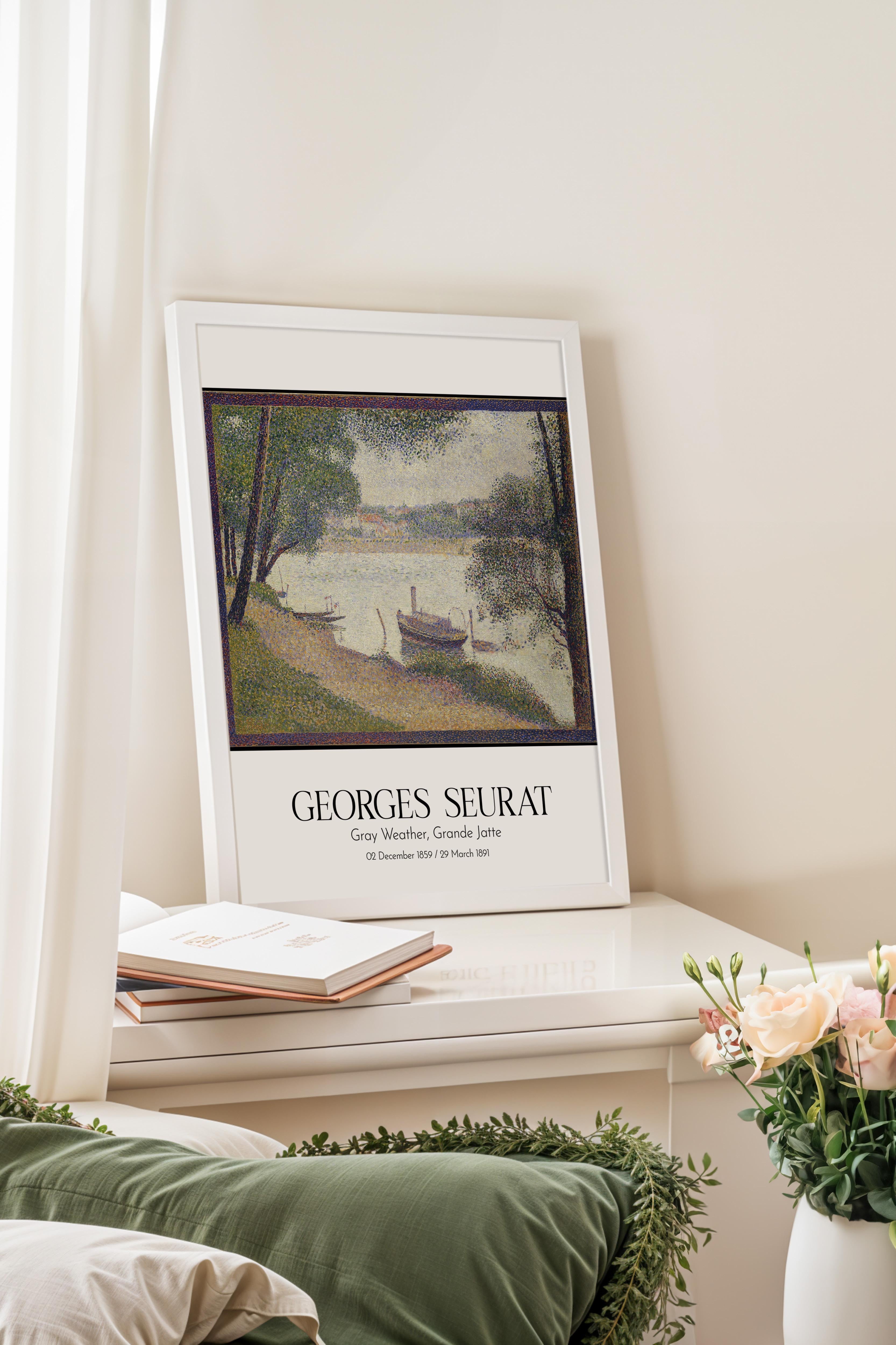 Georges Seurat - Gray Weather, Grande Jatte, Beyaz Çerçeveli Tablo, Sanat Serisi NO:111907