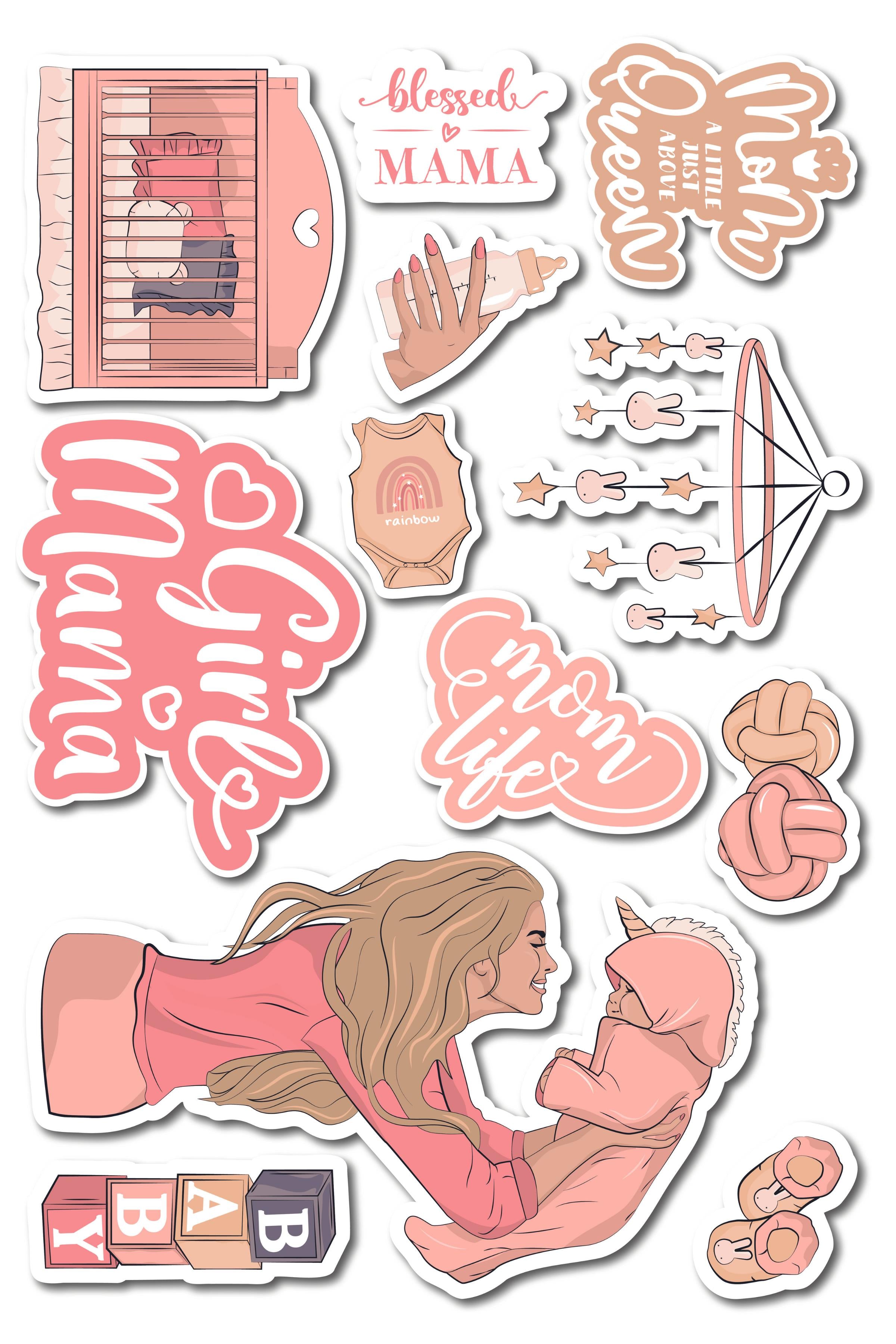 Kız Annesi Temalı Sticker ve Etiket Seti - Cinsiyet Partisi, Baby Shower Sticker Seti - Pembe