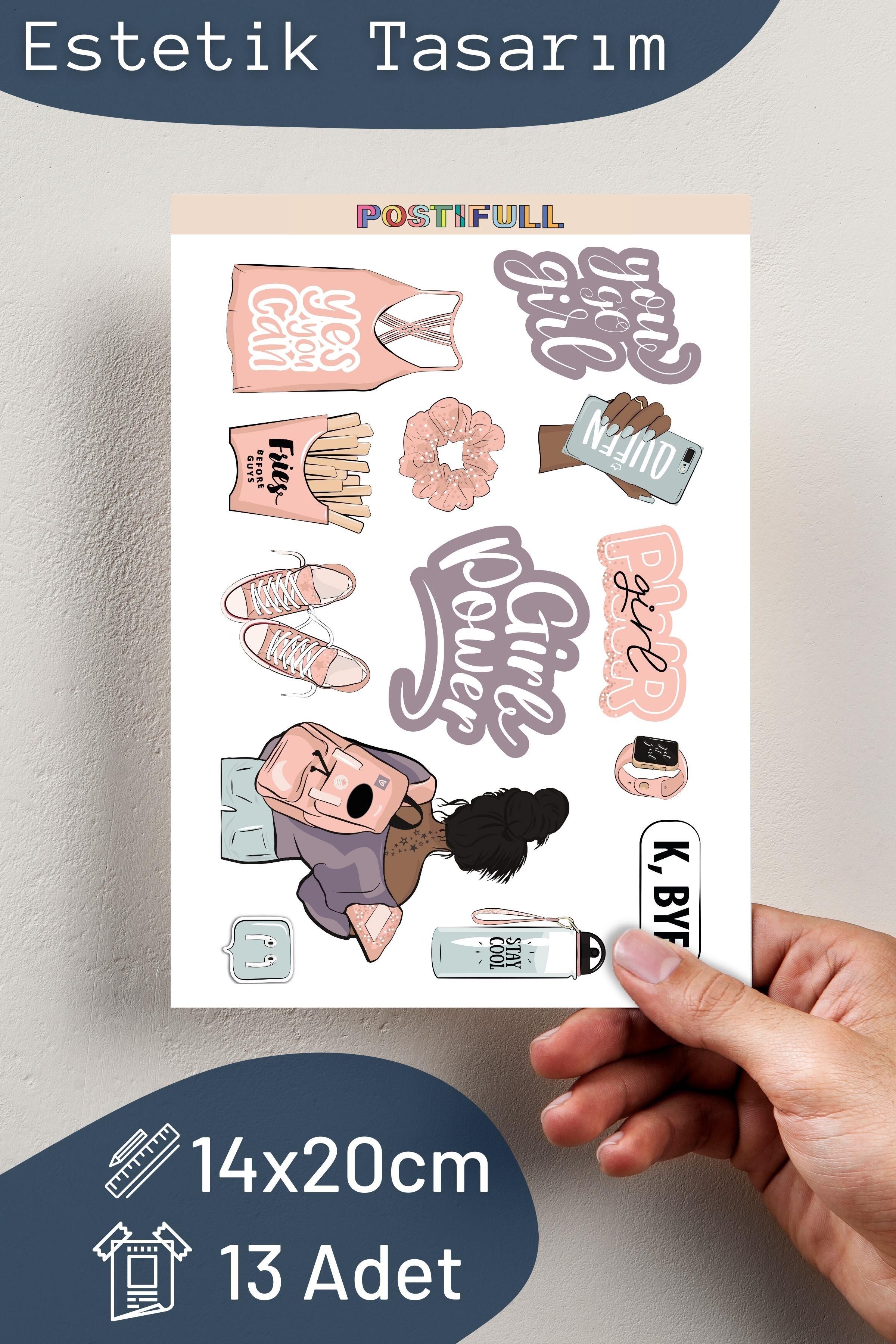 Girl Power Temalı Sticker ve Etiket Seti - Orta Boy - Su Geçirmez, Kalın Yapışkanlı Sticker Seti
