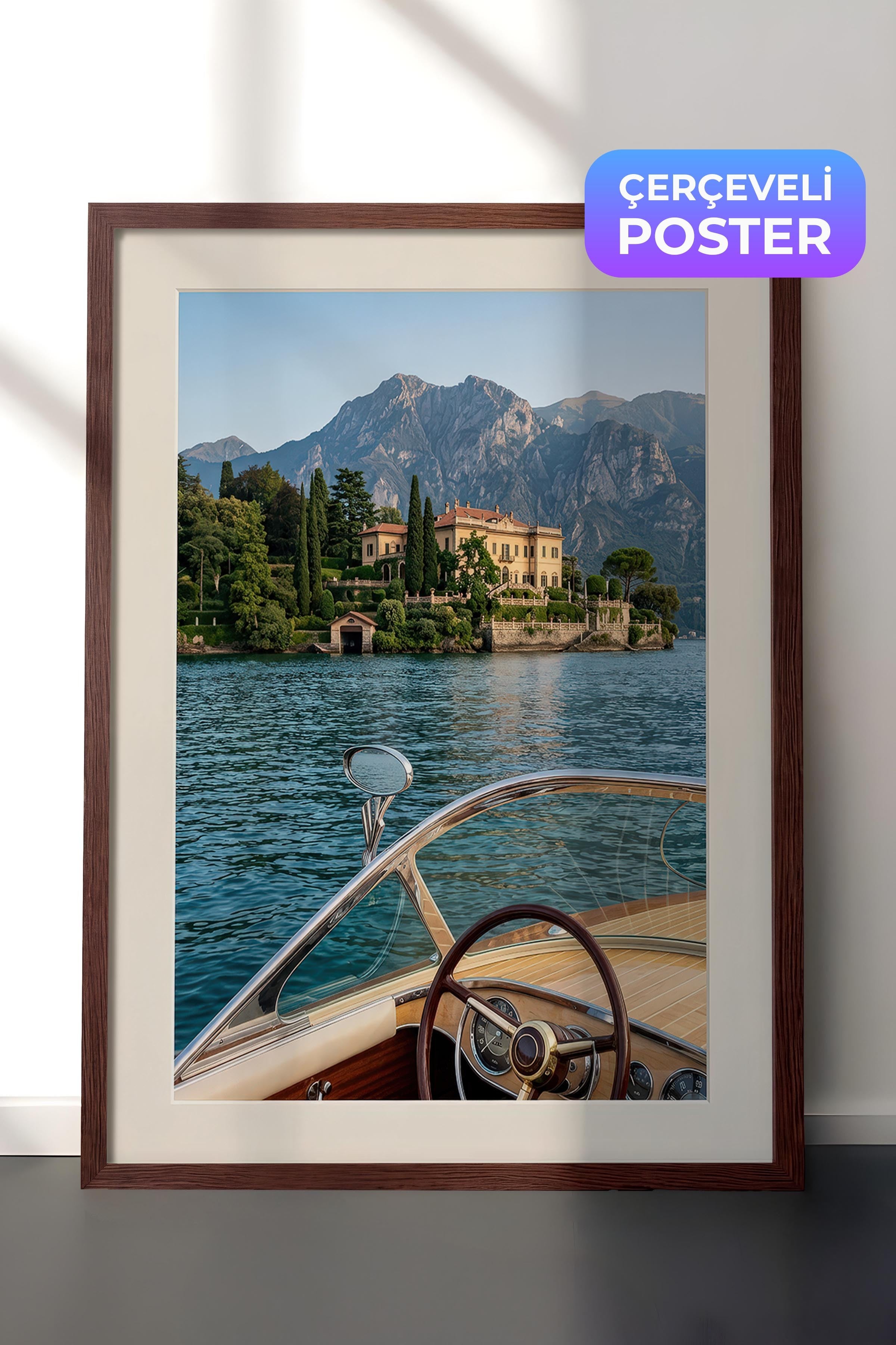 Göl ve Dağ Manzarası Posteri, Kahverengi Çerçeveli Poster, Old Money Serisi, NO:113163