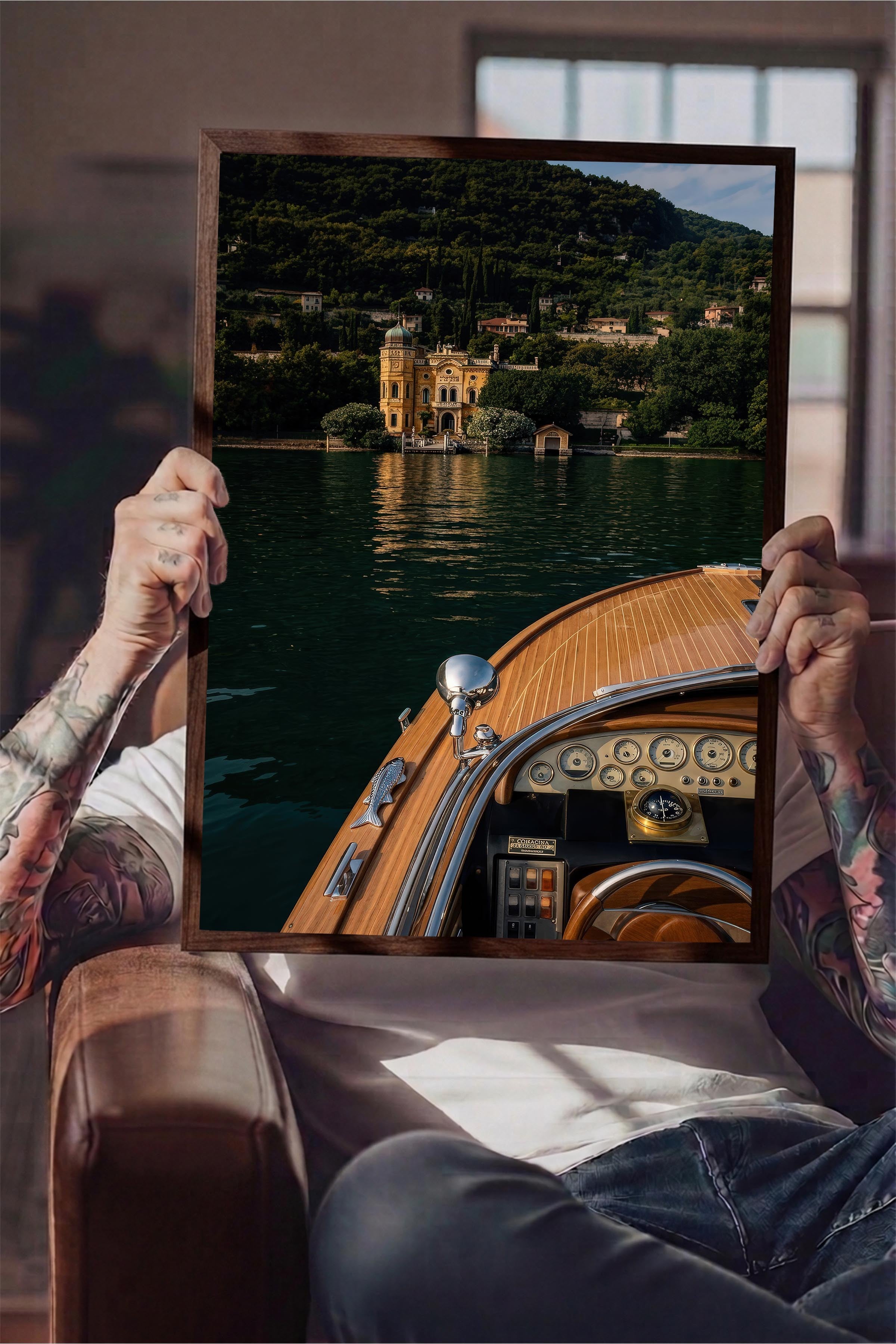 Göl ve Tekne Manzarası Posteri, Kahverengi Çerçeveli Poster, Old Money Serisi, NO:113144