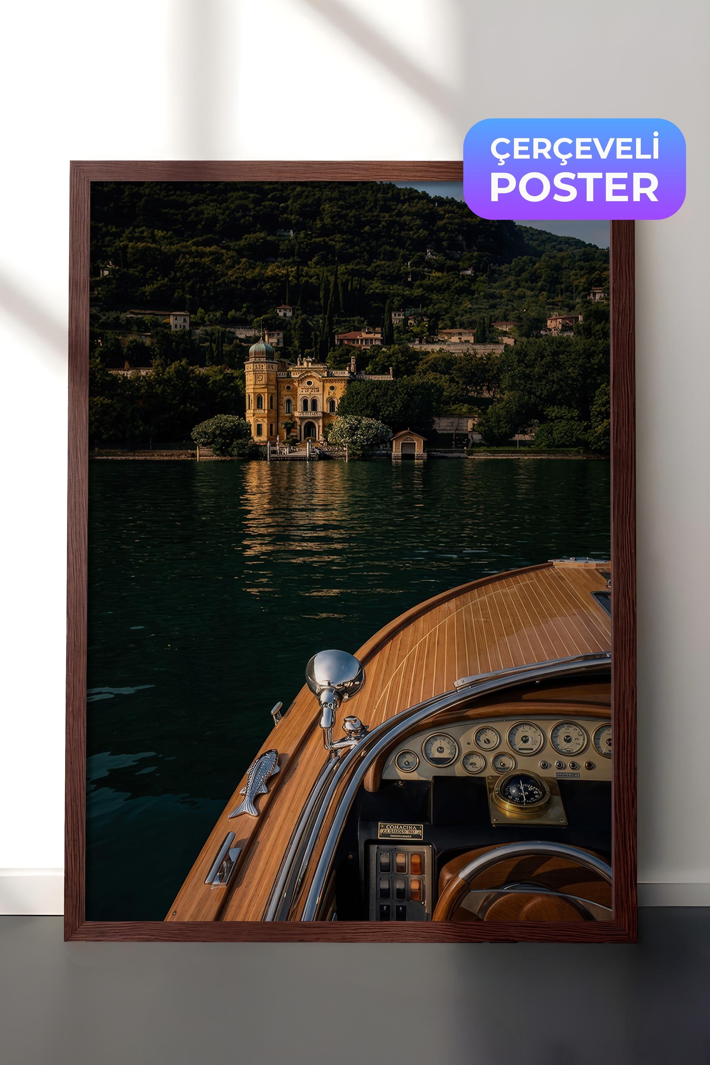Göl ve Tekne Manzarası Posteri, Kahverengi Çerçeveli Poster, Old Money Serisi, NO:113144