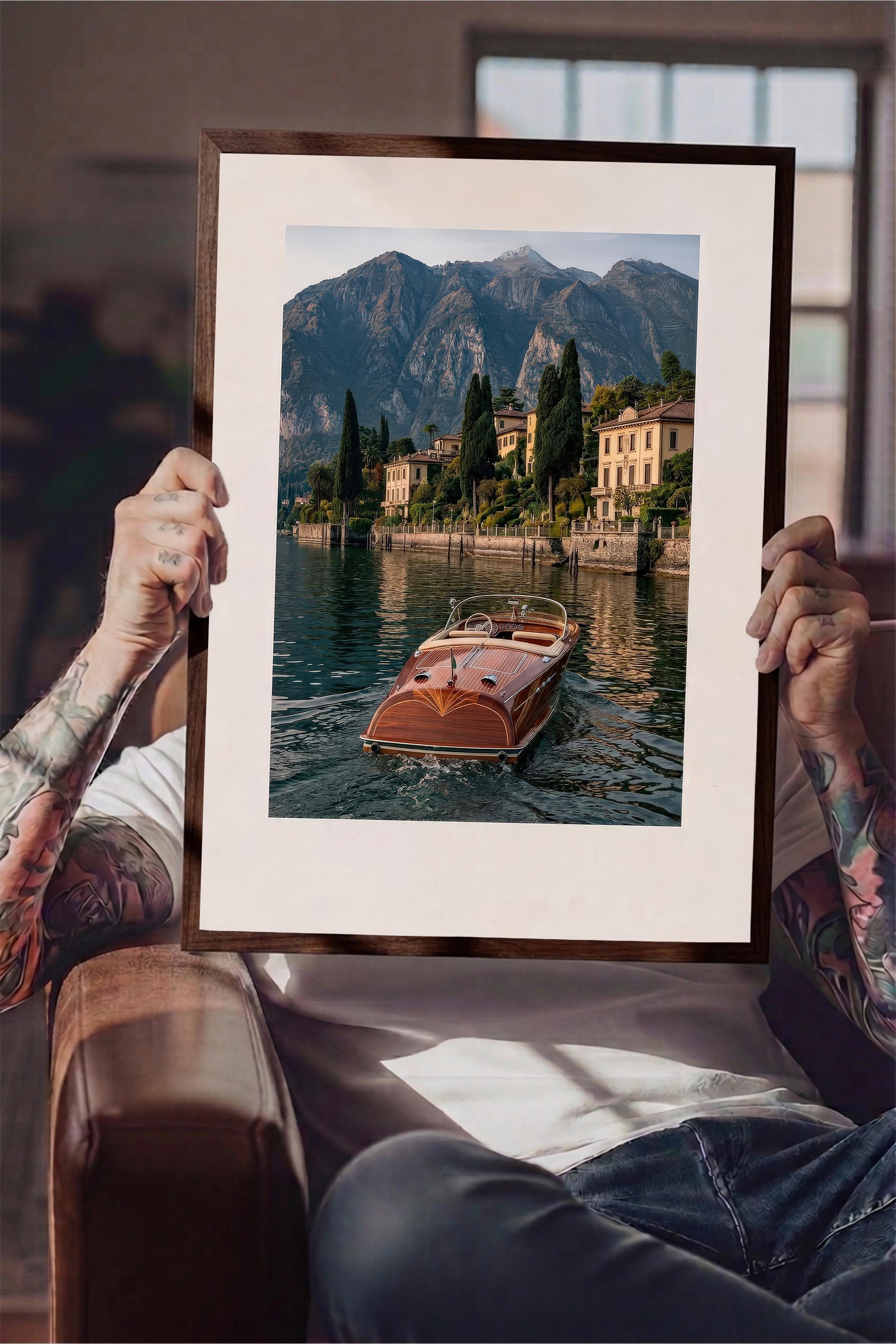 Göl ve Tekne Posteri, Kahverengi Çerçeveli Poster, Old Money Serisi, NO:113149
